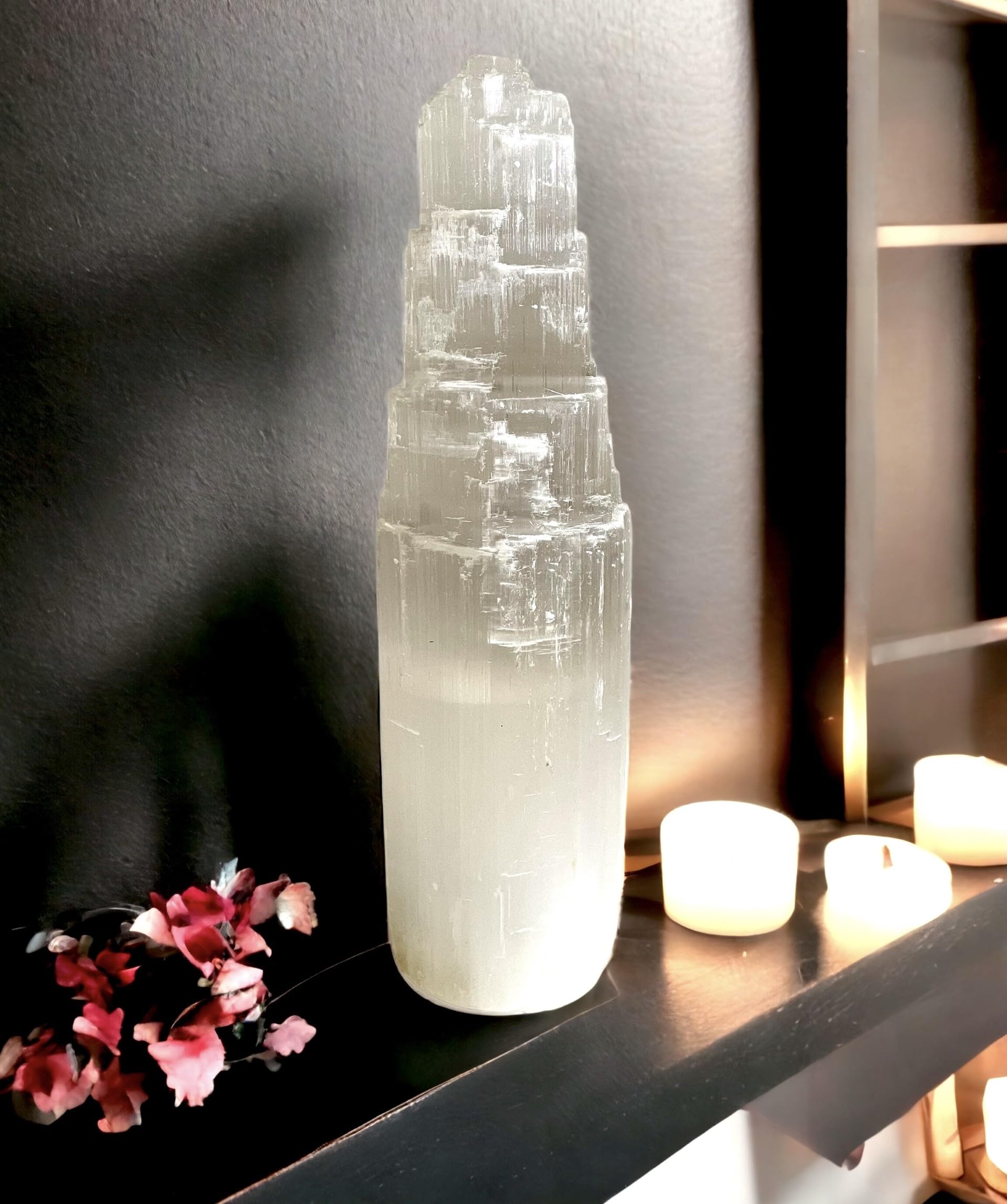 vingardium leviosa Pure Selenite Crystal Natural Light Mountain Tower Lamp Handmade Natural Energy Healing Clarity and Meditation Lamp Home Decoration TableLamp Mineral Christmas Occasion Gift (30cm) - Image 2