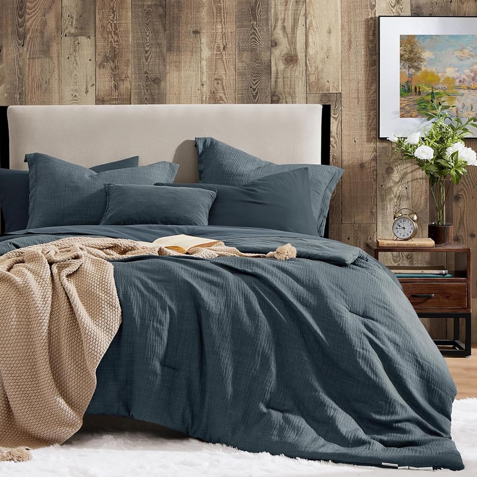 Geniospin Queen Comforter Set - 7 Pieces Comforter Queen Size, Soft Solid Bedding Set for All Season, Textured Bed in a Bag with Sheets, Pillowcases & Shams (Navy Blue, 90''x90'')