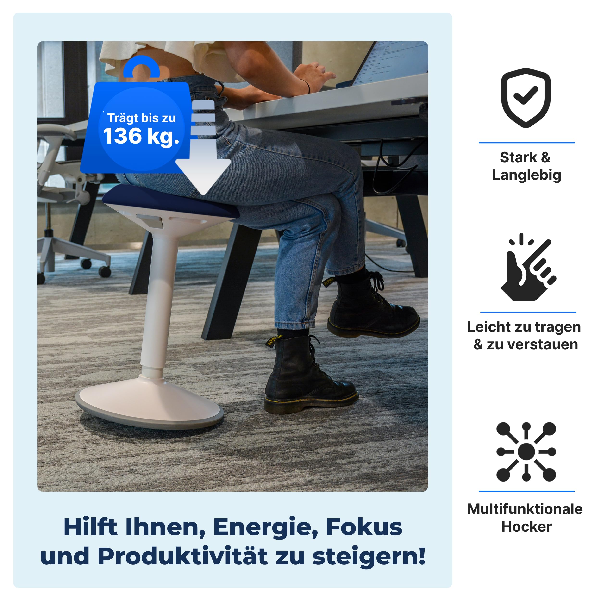 Backerz Ergonomischer Hocker - Bürohocker Testsieger mit 55-80 cm Stehhocker Höhenverstellbar mit Schwingeffekt - Büro Stehstuhl - Rutschfester Sitzhocker Ergonomisch - Wackelhocker Büro - Blau