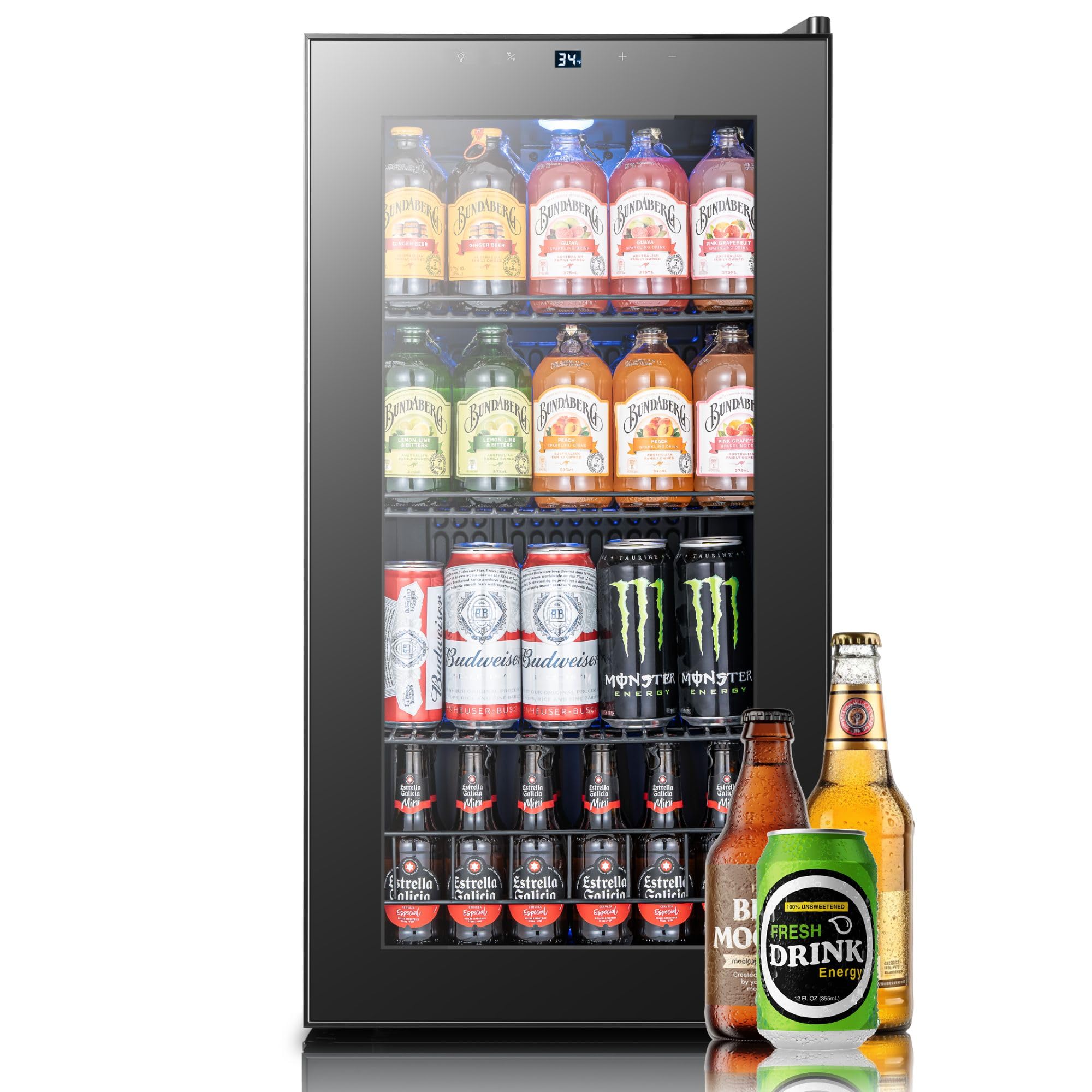 Yeego Beverage Refrigerator, 105 Can Mini Fridge with Glass Door, Adjustable Shelves, Digital Temperature Control 34°F-54°F, Drink Cooler for Soda, Beer and Wine, Freestanding or Under Counter, Black | Fridge.com
