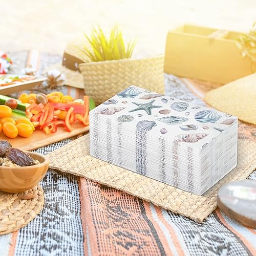 Miniatura 7 de Funrous 200 servilletas de conchas marinas a granel de 3 capas de verano para invitados, servilletas de mano con mar y océano, servilletas costeras