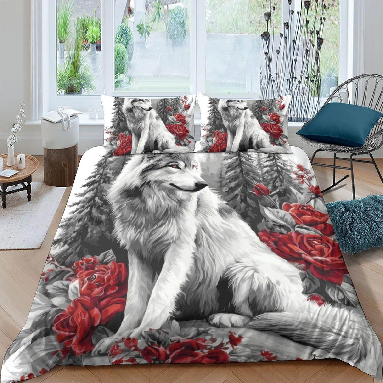 Ctjqhvkz Style-5 3D Printed Wolf Forest Fitted Sheet Microfiber Red Floral Bed Cover Anti-Slip Easy Care For Bedroom Guest Room Decor Single（135X200cm）