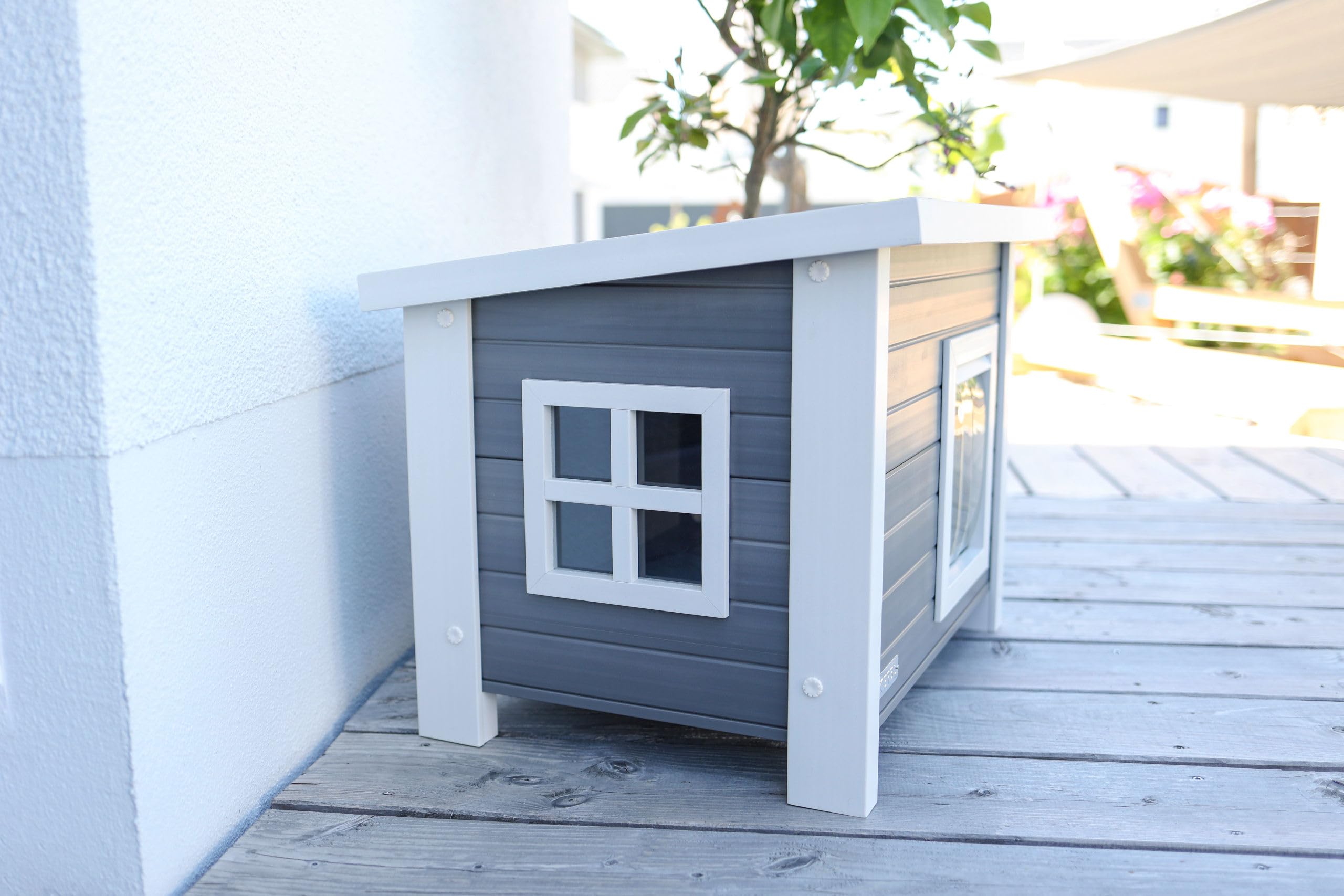 Kerbl Pet Eco Caseta para Gatos Eli, Gris, Blanca, 57x45x43cm, plástico Reciclado, Madera, Gatos, Resistente a la Intemperie, fácil Montaje