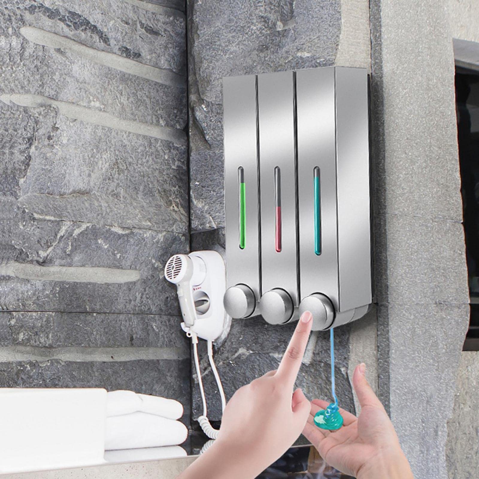 Dispensador de jabón montado en la pared para loción de ducha, champú, botella de gel, plástico de alta calidad con ventana visible, cámaras individuales y triples