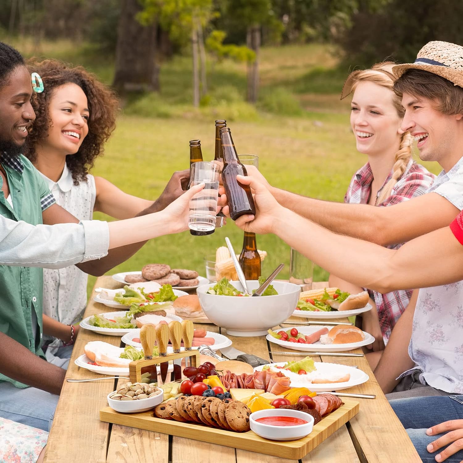 Bamboo charcuterie boards Gift Set - Serving Meat Cheese Board, Charcuterie Board Set with 4 Stainless Steel Cheese Knife, Ideal for House Warming Gifts New Home, Christmas, Bridal Shower Gift - Image 7