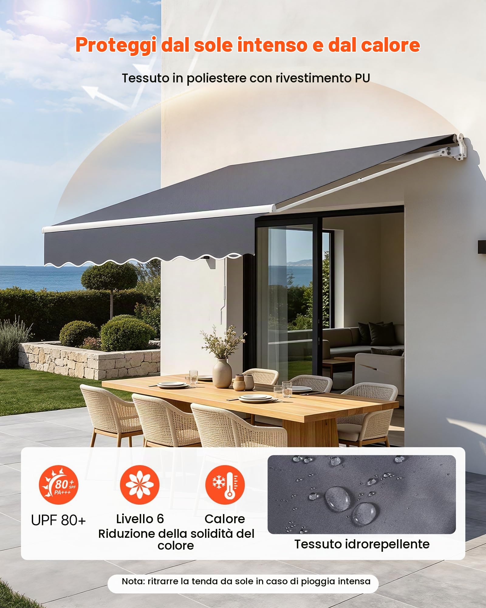 VEVOR Tenda da Sole Retrattile Manuale 300 x 250 cm uso Esterno, Tendaggio Parasole Regolabile, Realizzato in Poliestere Impermeabile Grigio, con Manovella, per Ristoranti Bar Terrazze Porte Cortili