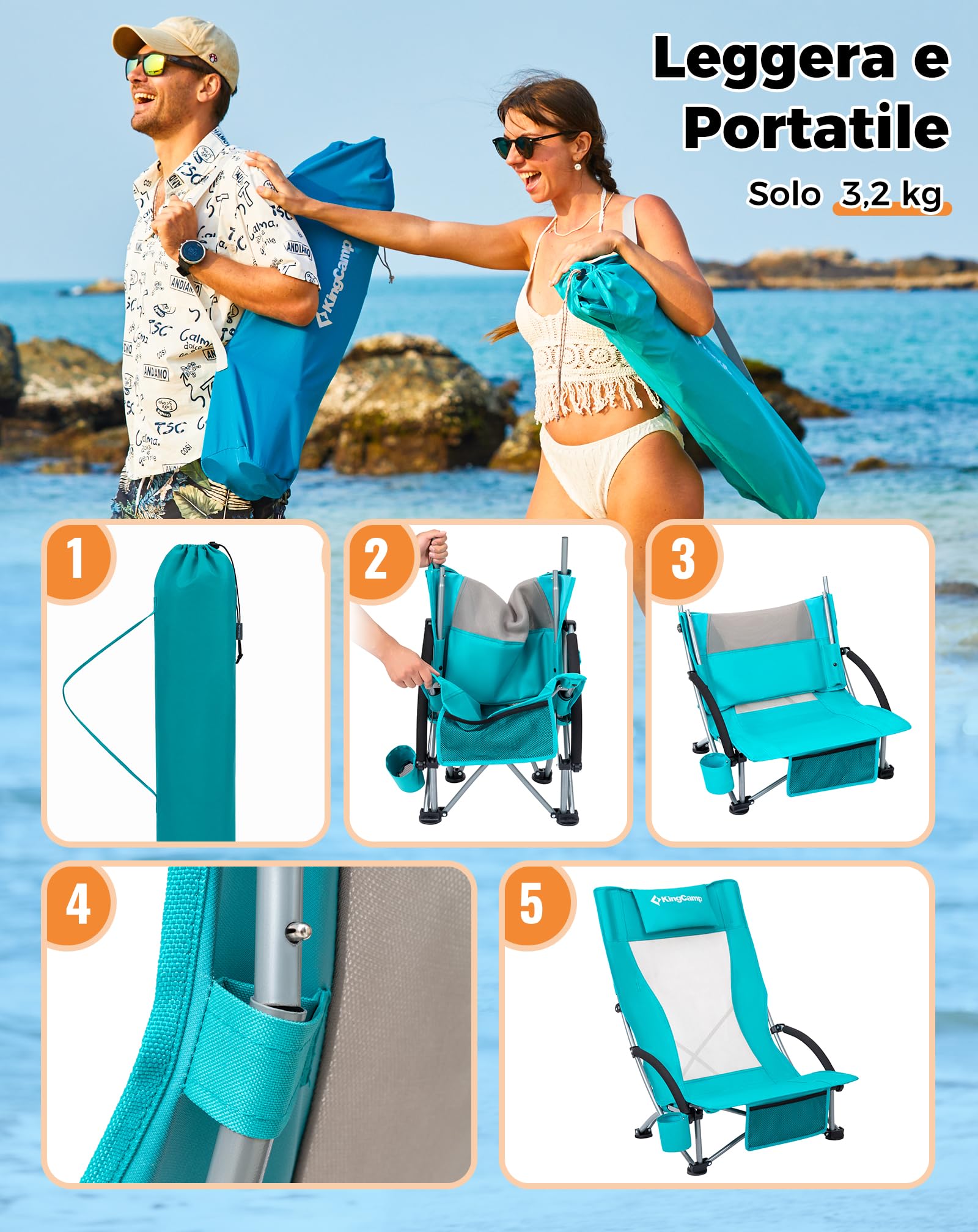 KingCamp Set di 2 Sedie da Spiaggia Pieghevoli Portata 180kg Cuscino Imbottibile Ciano