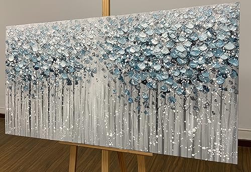 Miniatura 3 de Yotree Pinturas - Pinturas al óleo 3D sobre lienzo de 24 x 48 pulgadas, bosque azul, textura pesada, pintura acrílica, arte de pared, decoración de