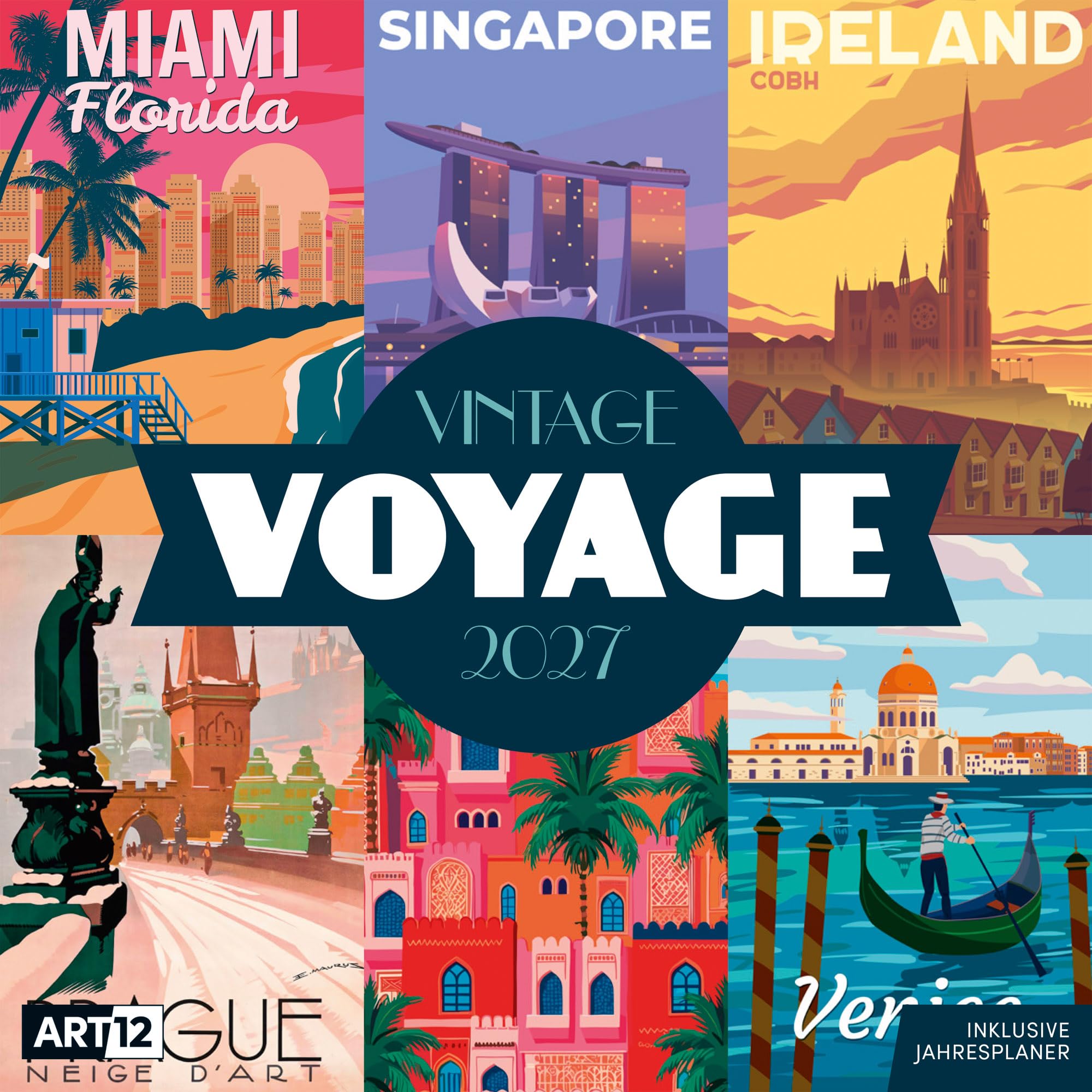 Vintage Voyage Kalender 2027 - 30x30 - Art12: Farbenfroher Plakate-Kalender im schlanken Hochformat (aufgeklappt 30x60 cm) | zum Eintragen