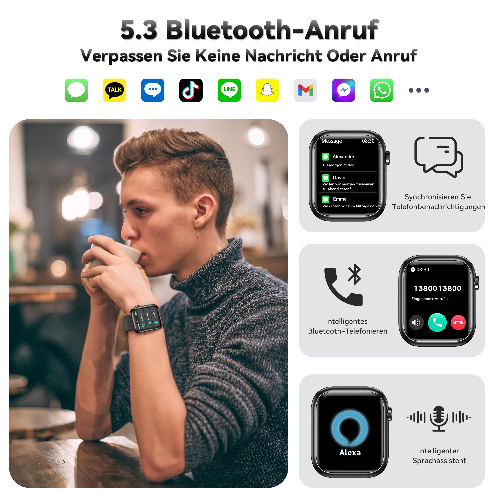 Smartwatch Damen Herren 1.83" HD Fitness Tracker mit Schrittzähler Blutdruckmessung Pulsuhr Telefonfunktion Schlaftracker 120+ Sportmodi IP68 Wasserdicht für iPhone Android