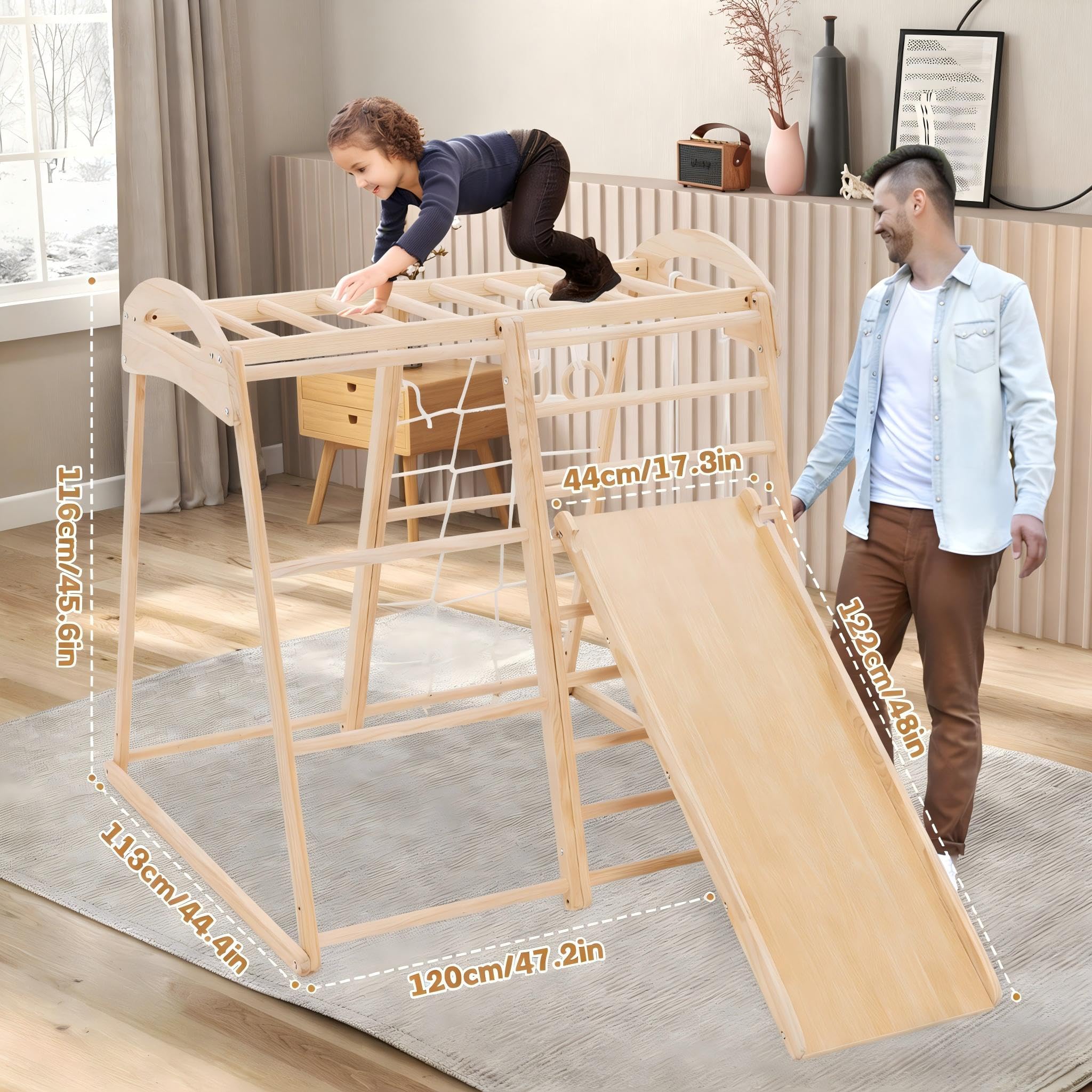 8 in 1 Klettergerüst Indoor für Kinder, Indoor Spielplatz Jungle Fitnessstudio Holz Kletter Spielset mit Rutsche, Schaukel, Affen Bars,Kletterwand, Kletterseil, Spielplatz für Kinderzimmer