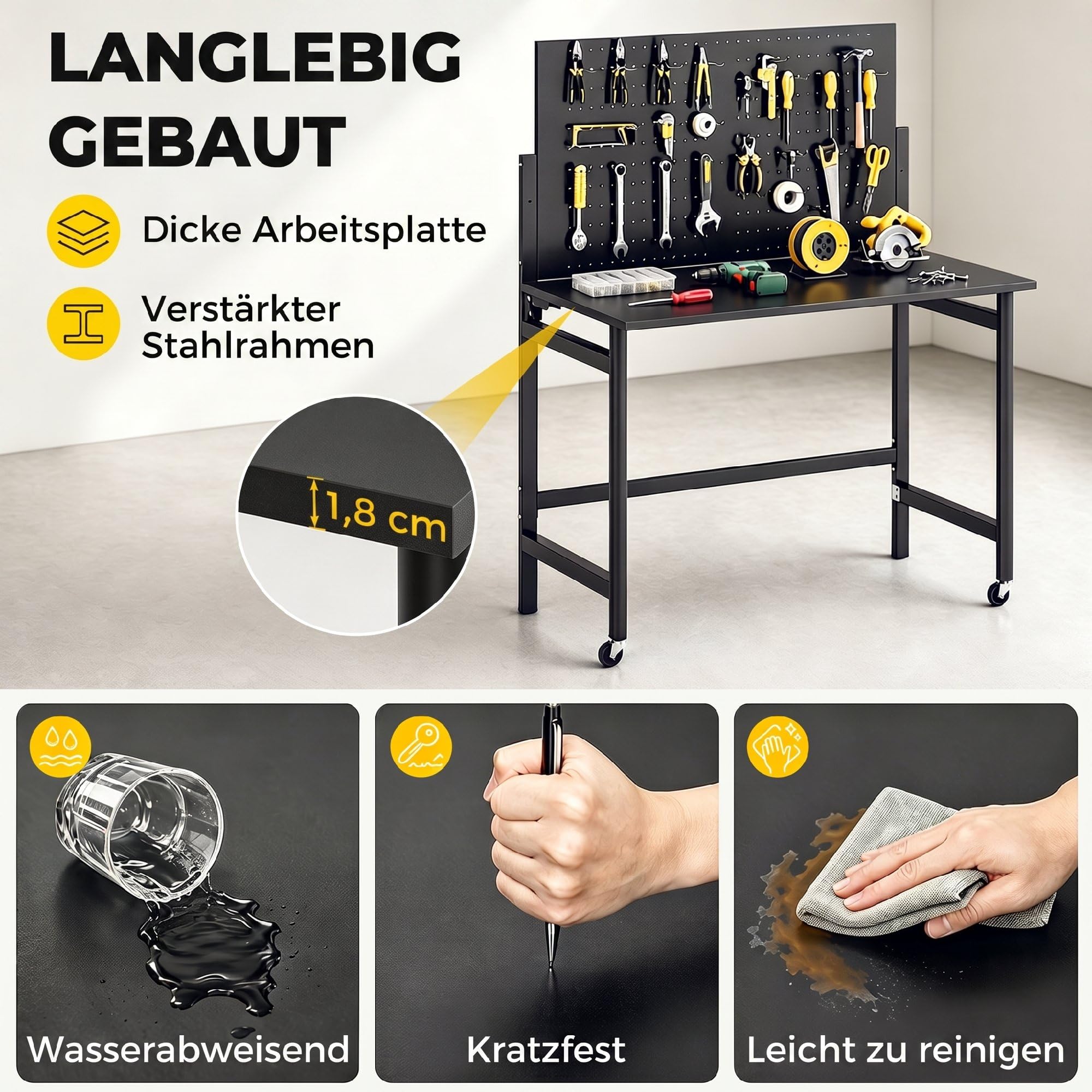 HOMCOM Werkbank mit Lochwand, 115 x 62 x 143,5 cm Klappbare Mobile Werkbank mit Rollen, Dicke Arbeitsplatte, Stahlrahmen, Haken, Werktisch für Garage, Holzwerkstatt, Schwarz