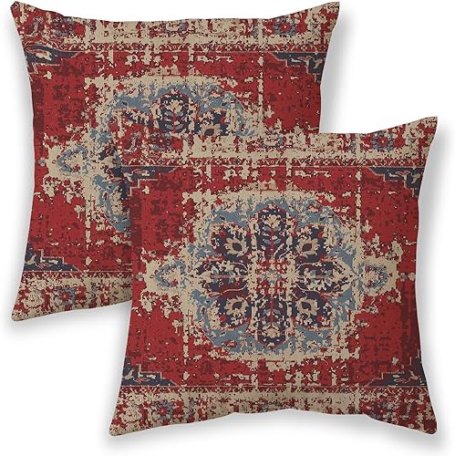 Fundas de almohada bohemias de 18 x 18 pulgadas, diseño étnico rojo para exteriores, fundas de cojín decorativas para sofá, funda de cojín de