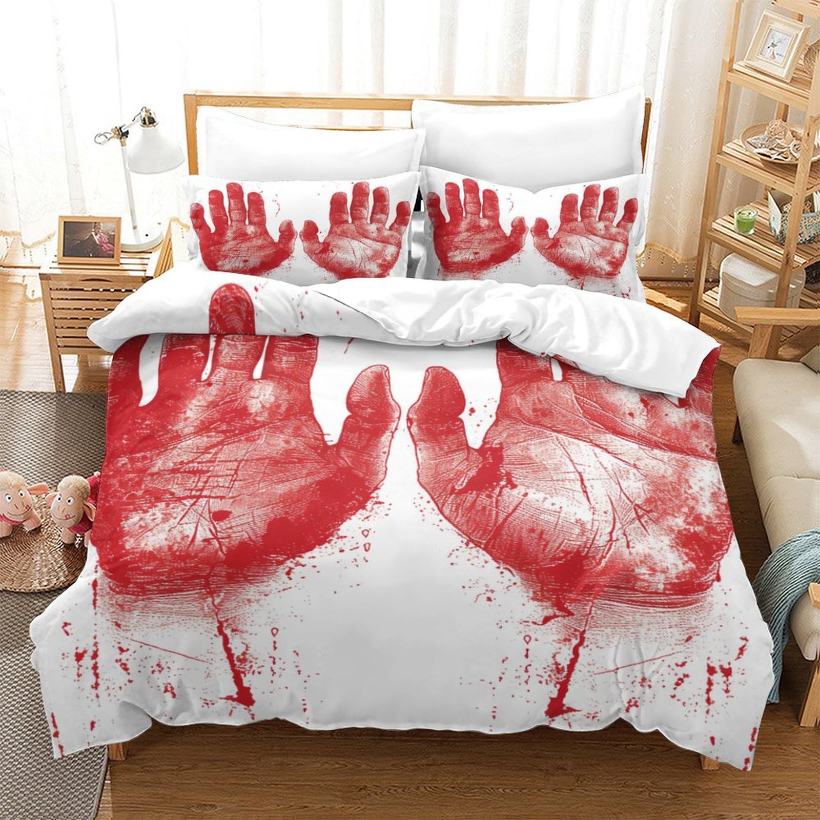 P1S9U7W5Y Halloween Bloody Handprint 3D Printed Duvet Cover Set 3pcs Microfiber Horror Bedding Set King（220x240cm）
