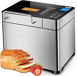 KBS Pro Stainless Steel Bread Machine, 2LB 17-in-1 Programmable XL Bread Maker with Fruit Nut Dispenser, Nonstick Ceramic Pan& Digital Touch Panel, 3 Loaf Sizes 3 Crust Colors, Reserve& Keep Warm Set