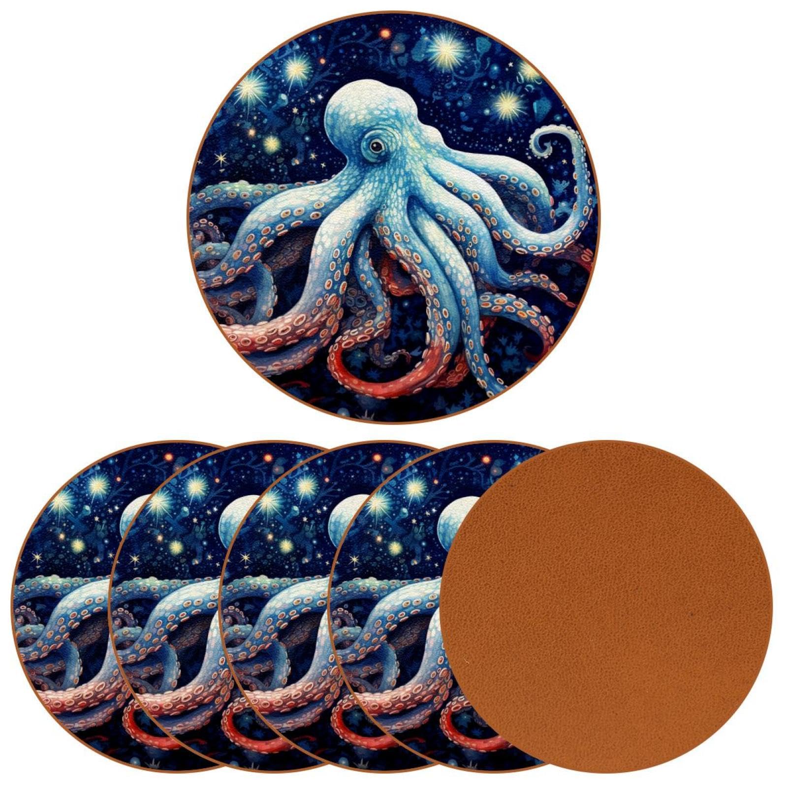 Cartoon-Galaxie-Oktopus-Untersetzer für Getränke, 6 Stück, Tisch-Schutzmatte für Weingläser, Tassen und Tassen, wiederverwendbar im Büro, Küche, Bar, 10,9 cm