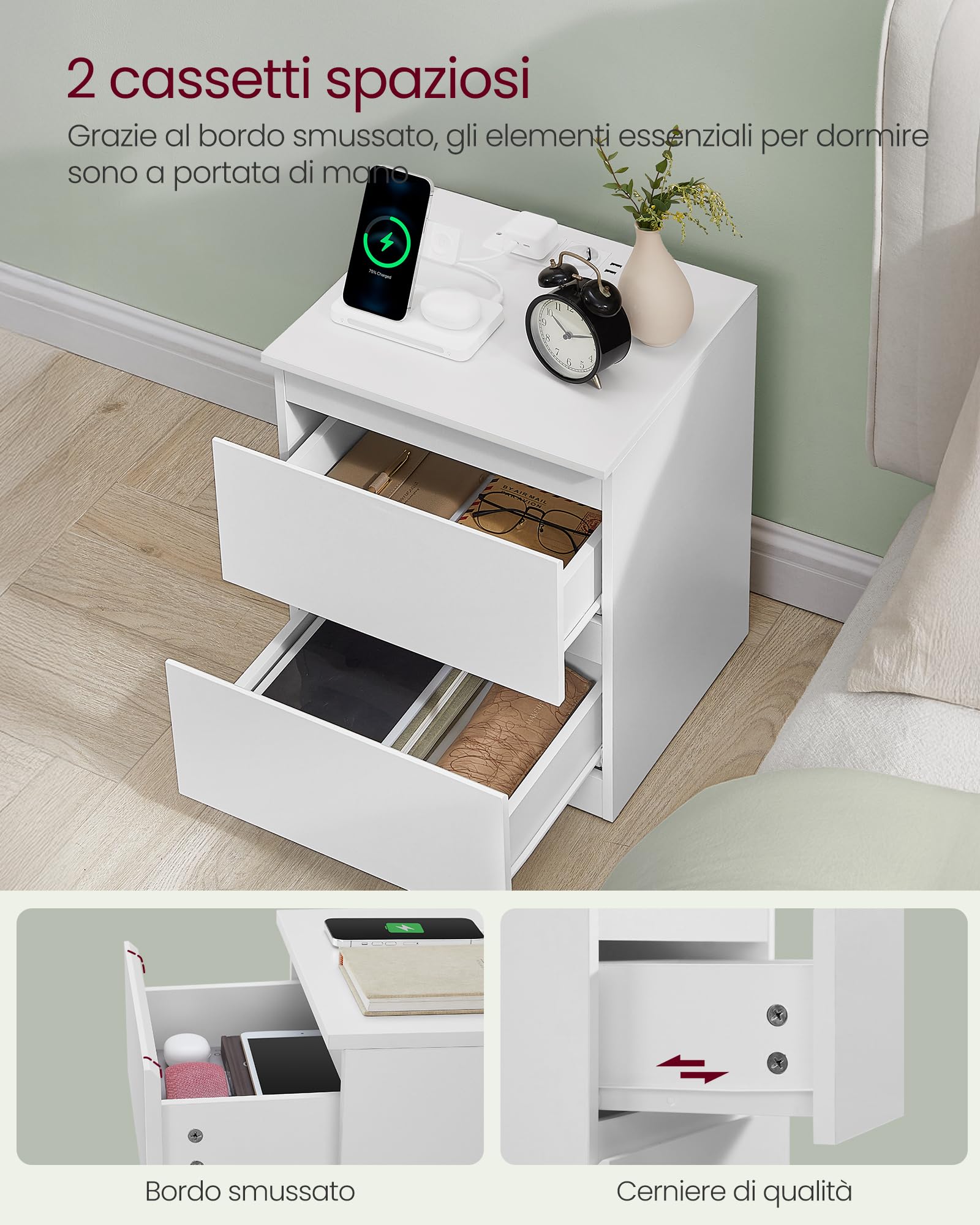VASAGLE KAILYN Collezione - Comodini con Ciabatta Elettrica, Set di 2 Tavolini, 2 Cassetti, 2 Prese AC, 2 Porte USB-A, Soggiorno Camera da Letto, Moderno, Bianco Nuvola LET821W02