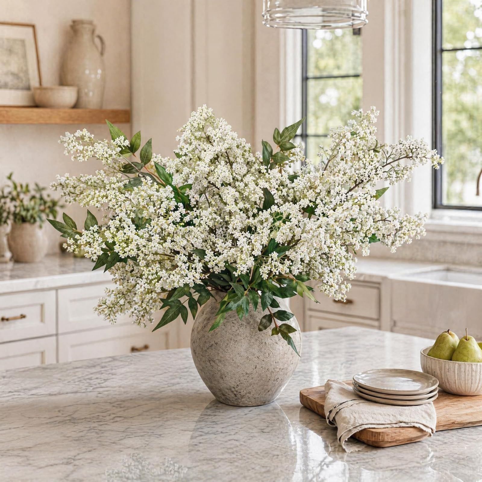 Künstliche Beerenstiele, weiße Blumen, Zweige für hohe Vasen, künstliche Grünpflanzen, 109 cm, realistisch, lange Blumen für den Sommer, Tisch, Innenbereich, Heimdekoration, Dekoration, 3 Stück