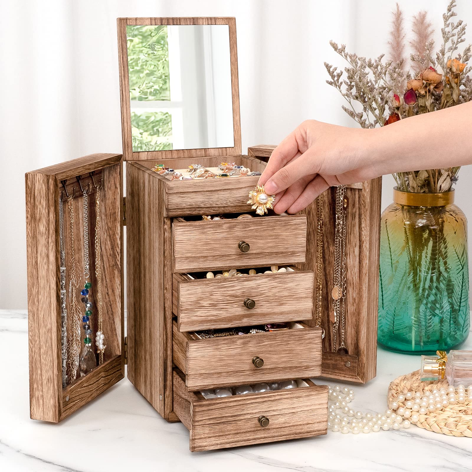 Joyeros Mujer Organizador, Grande Organizador Joyas Madera con Espejo, Joyero Gran Capacidad con Cajón de 4 Capas, Joyero Mujer para Collares, Pendientes, Anillos, Pulseras (Marrón Rústico)