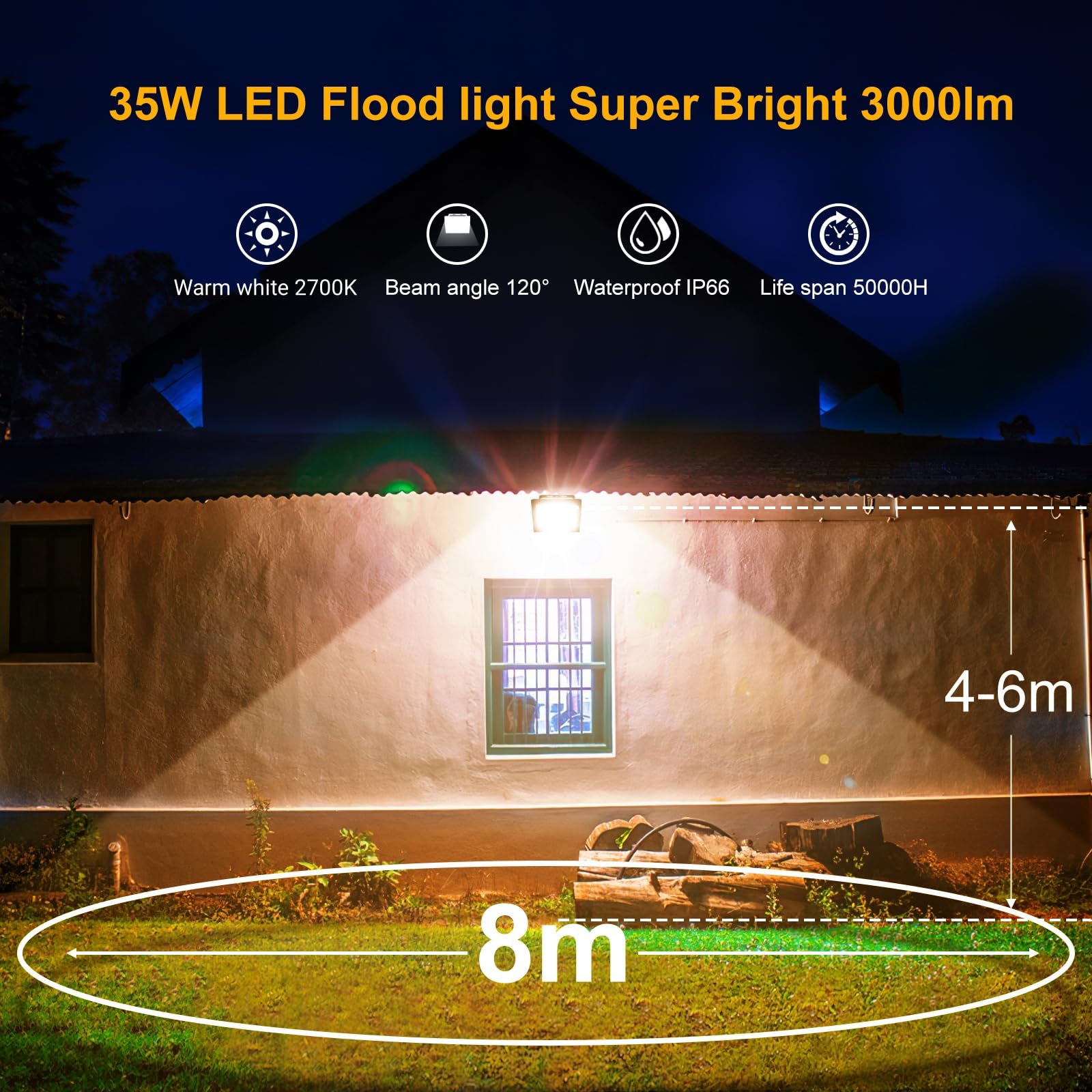 MEIKEE Faretto LED da Esterno, 35W, 3000LM, Faretti a LED per Esterni Impermeabile IP66, Potenti luci 42 LED Interna ed Esterna 2700K Bianco Caldo Per Giardino Cortile Garage Piazza - 2 Pezzi