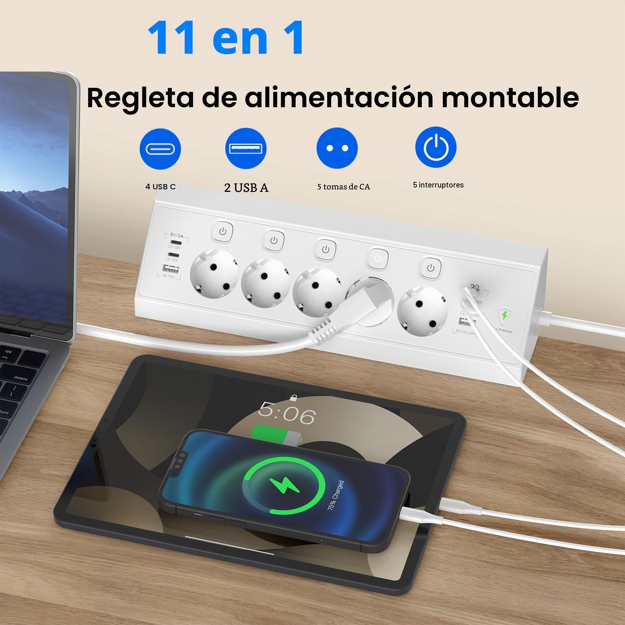 Regleta Enchufes Proteccion Sobretension, Toma de Mesa con USB C 20W, Regleta Escritorio 5 Tomas con Interruptores Individuales, Enchufes Multiple para Cocina Oficina, 1.8M Cable, Blanco