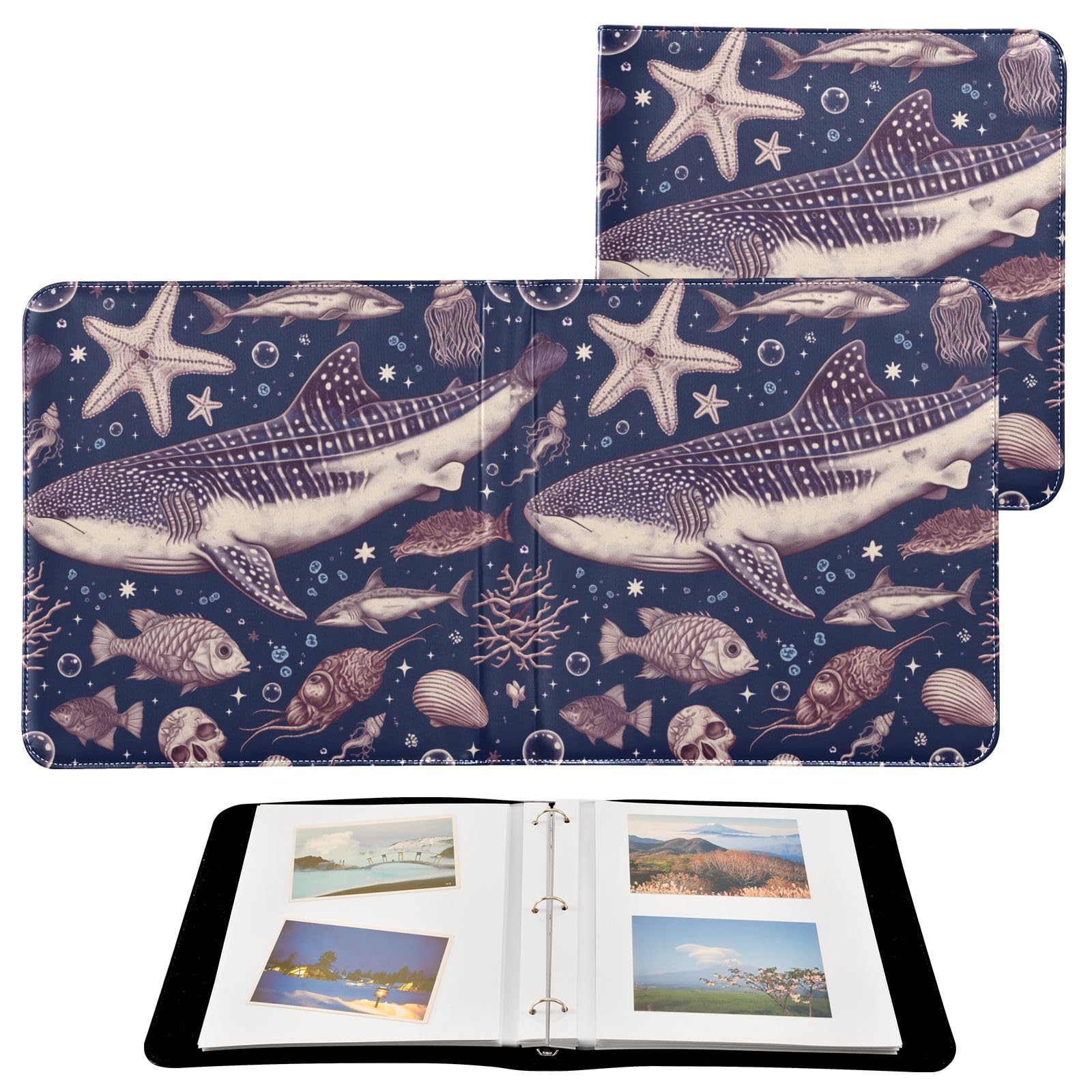 Kigai Marine Life Photo Album Self Adhesive Scrapbook Album Leather Cover DIY Picture Scrap Book with 20 Adhesive Sheets, 11.8x24x0.8 inch