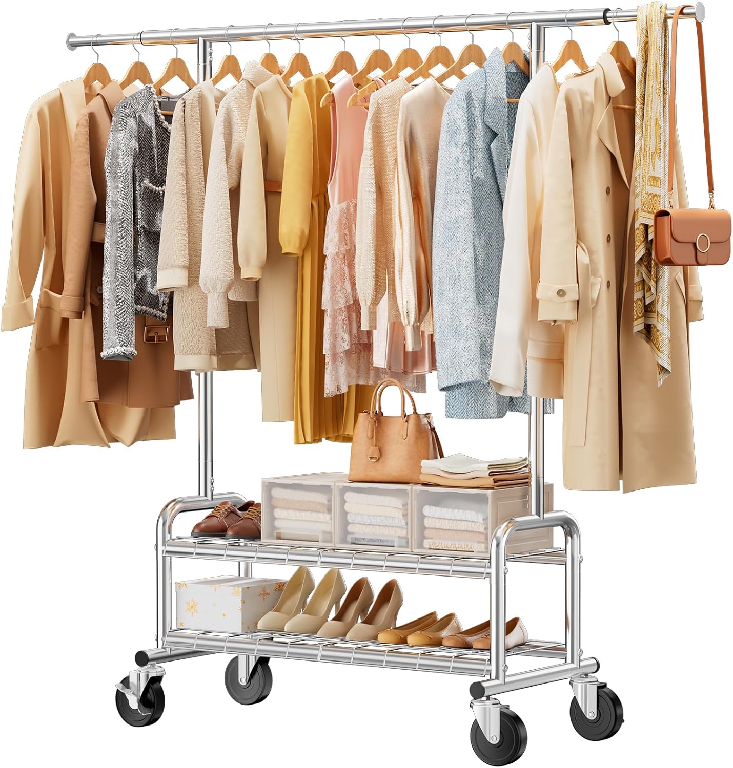 Heavy Duty Clothes Rack - Load 660 LBS, Rolling Clothing Rack for Hanging Clothes with Lockable Wheels & Shelves, Portable Garment Rack for Bedroom, Laundry, Living Room, Silver