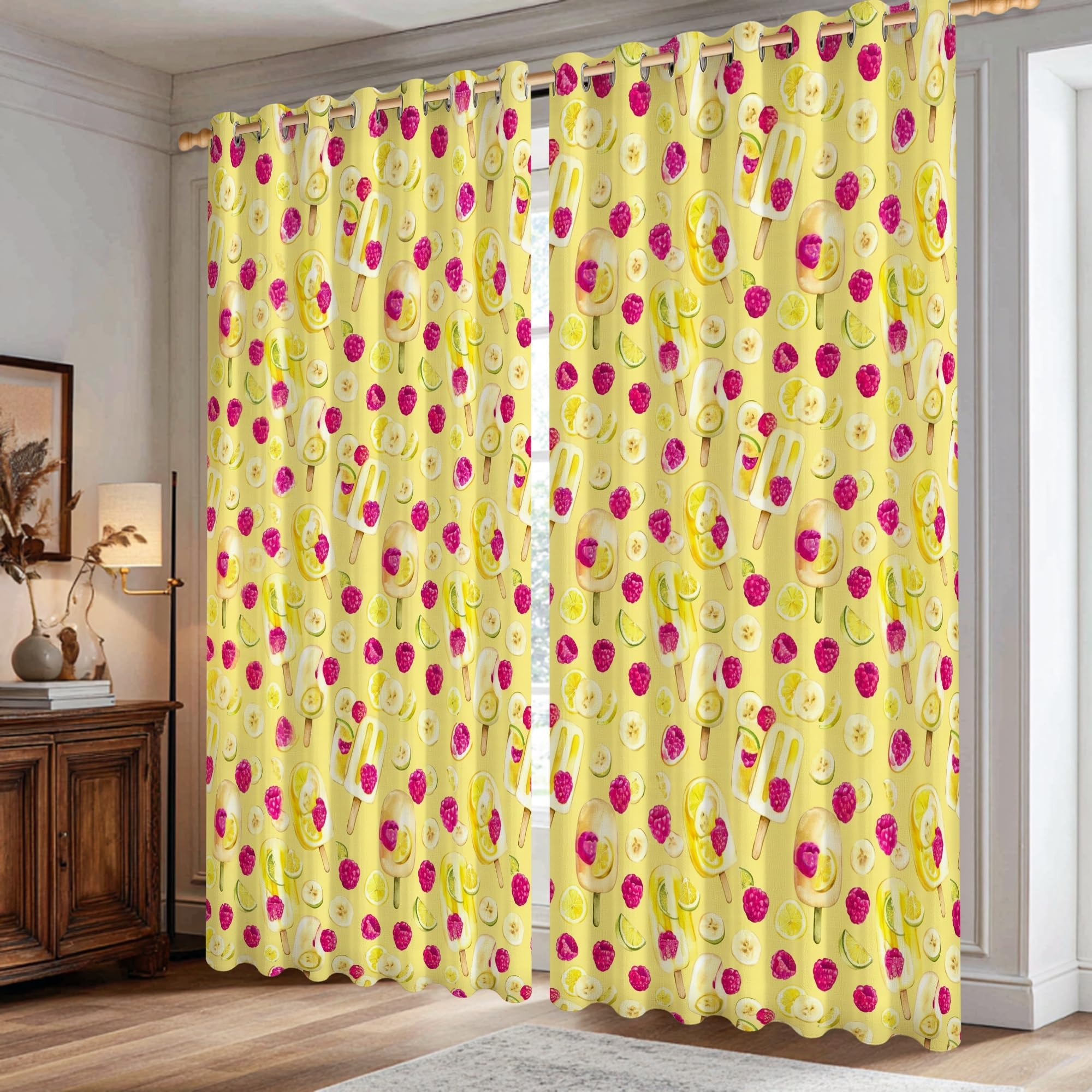Rideaux occultants haut de gamme motif citron et framboise 106x183