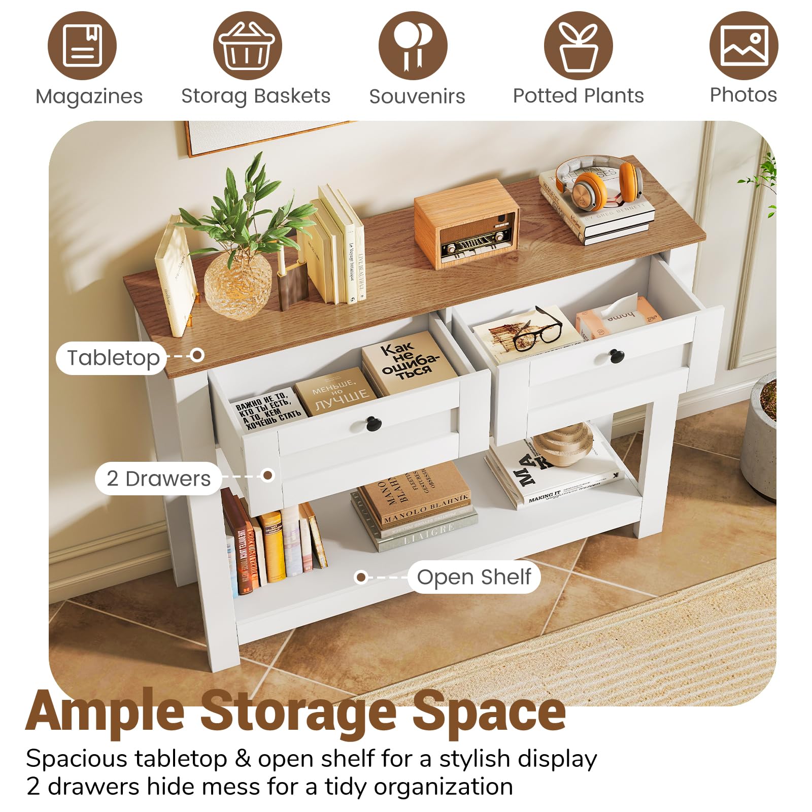 LIFEZEAL Tavolo Consolle, Console Bianca in Legno, Tavolo d’Ingresso a 2 Ripiani, con 2 Cassetti, Antiribaltamento, Moderno, Corridoio, Entrata, Soggiorno, Dietro Divano, Max 80 kg, 106x30x81,5 cm