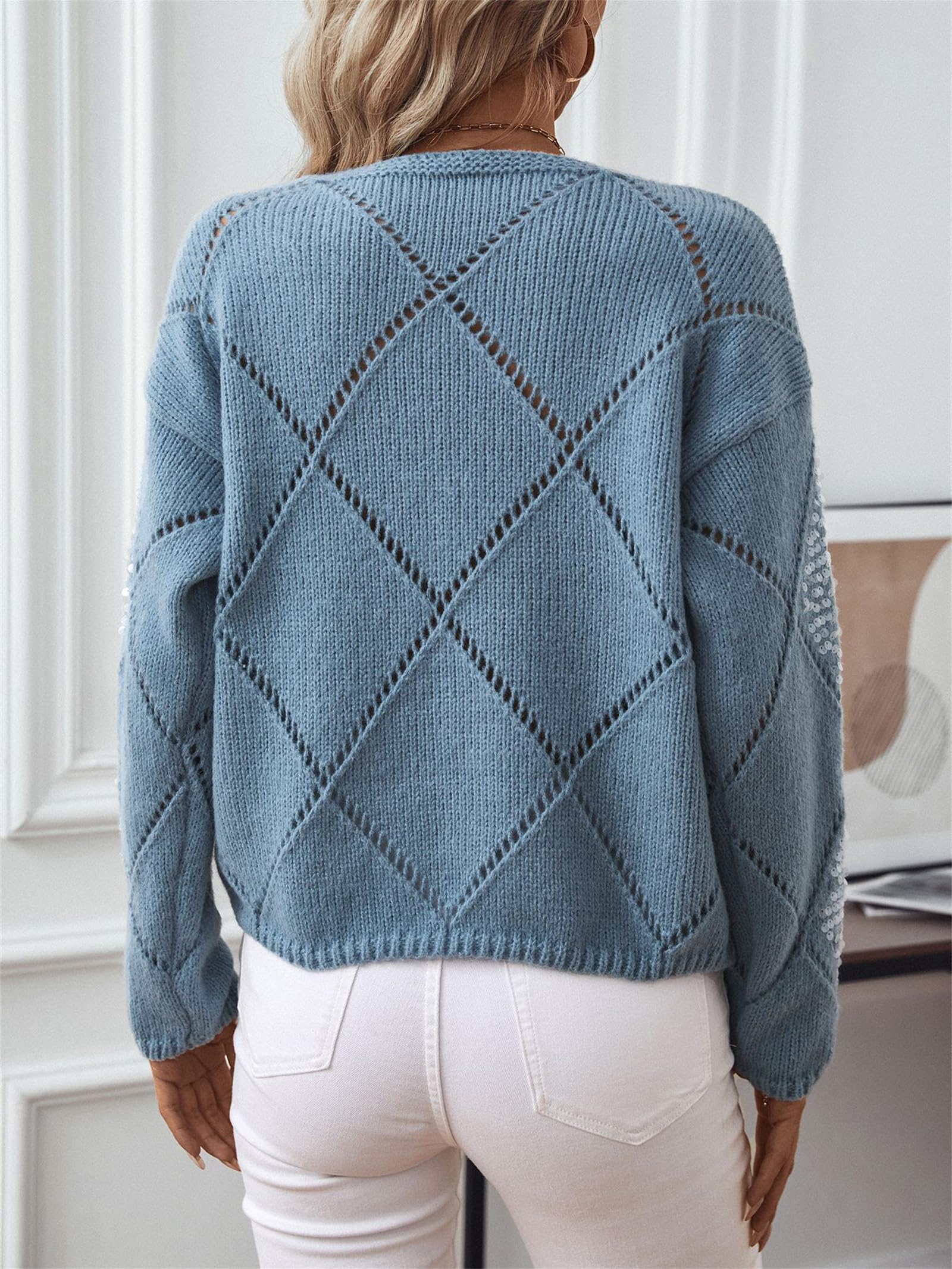 Generico Maglione da Donna in Maglia Traforata con Paillettes Scintillanti, Girocollo, Maniche Lunghe, vestibilità Ampia, Blusa Casual per Primavera/Autunno e Feste.