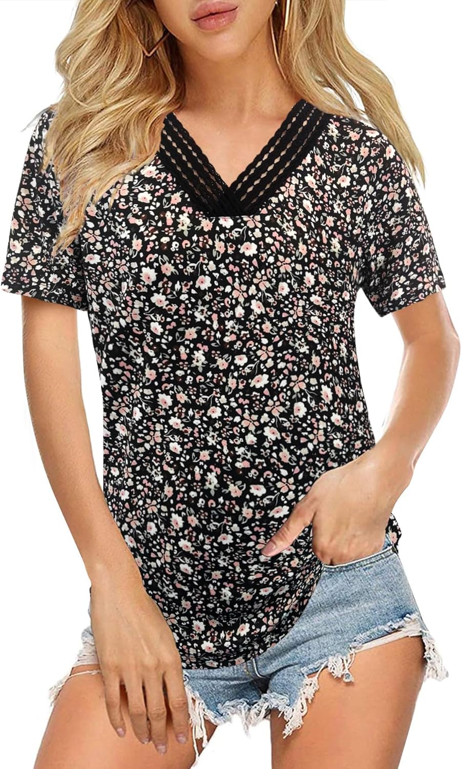Elevate Your Wardrobe: Stylish V Neck Lace Splice Tops for 2024!