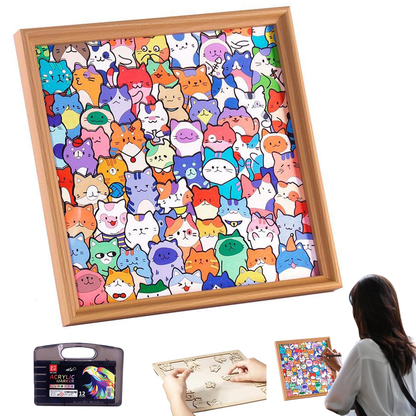 Kit creativo 2-in-1 di puzzle in legno con gatto da colorare e cornice decorativa, gioco di puzzle per bambini e adulti, regalo originale per decorare la casa, compleanni e feste
