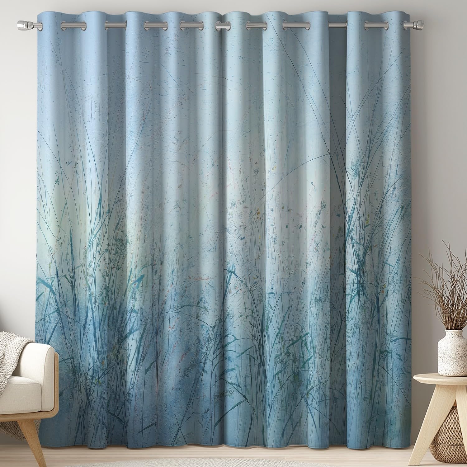 Generisch Vorhänge Blickdicht 2er Set 245 x 175 cm - Knitterfrei Gardinen vorhänge Frisch Pflanzen Gras Blau Extra Breit mit Geräuschminderung mit Ösen für Schlafzimmer und Wohnzimmer