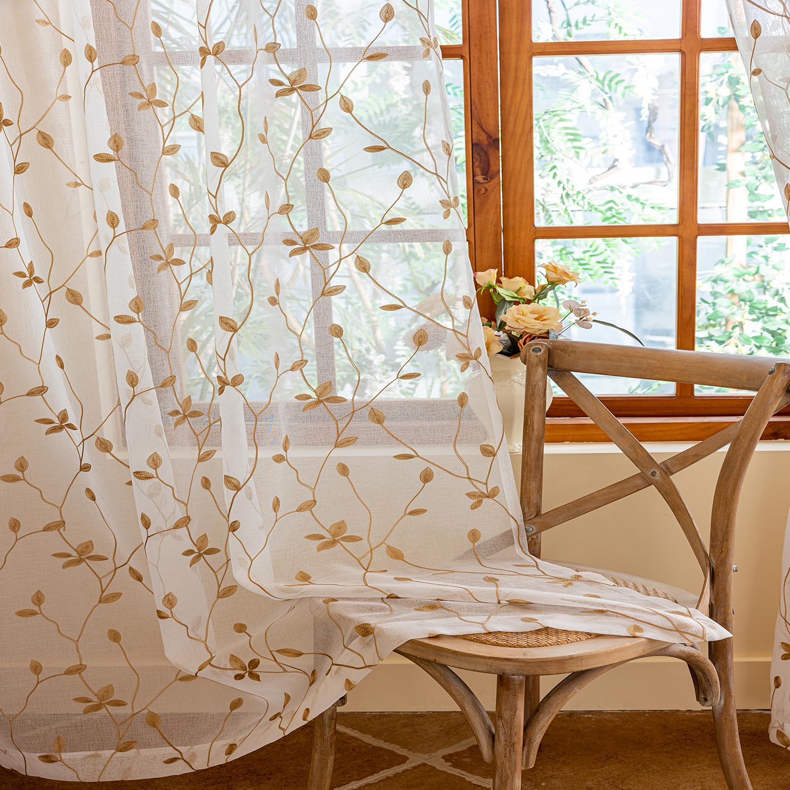 AmHoo 2 Panels Embroidered Leaf Pattern Semi Sheer Curtains Foliage Floral Voile Window Draperies Treatment for Bedroom Living Room Rod Pocket White Taupe 53 x 84 Inch
