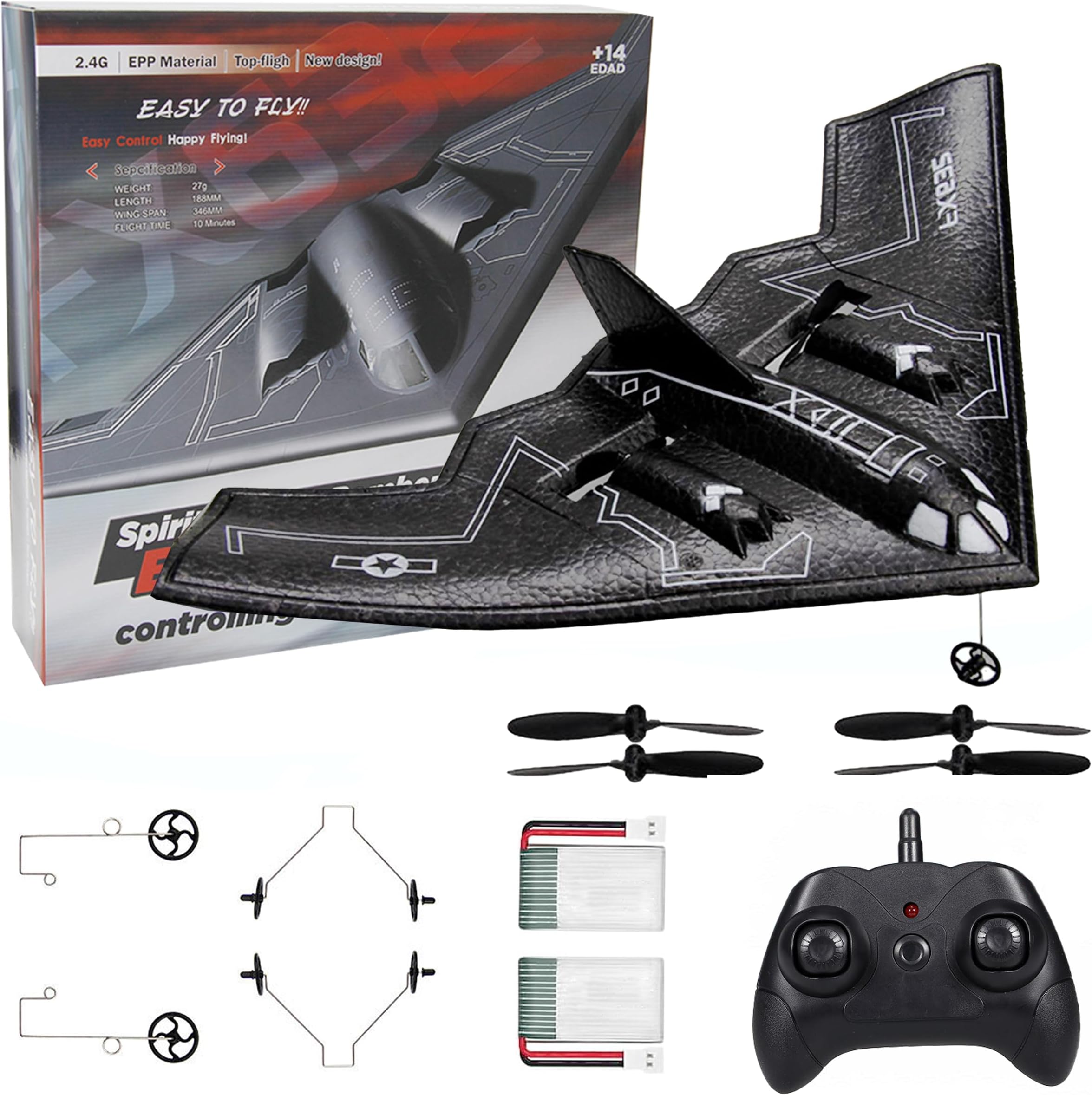 RC B-2 Spirit Bomber Plane, 2CH Remote Control Airplane Foam Toy for Beginners Easy Ready to Fly Kids Boys (Black)