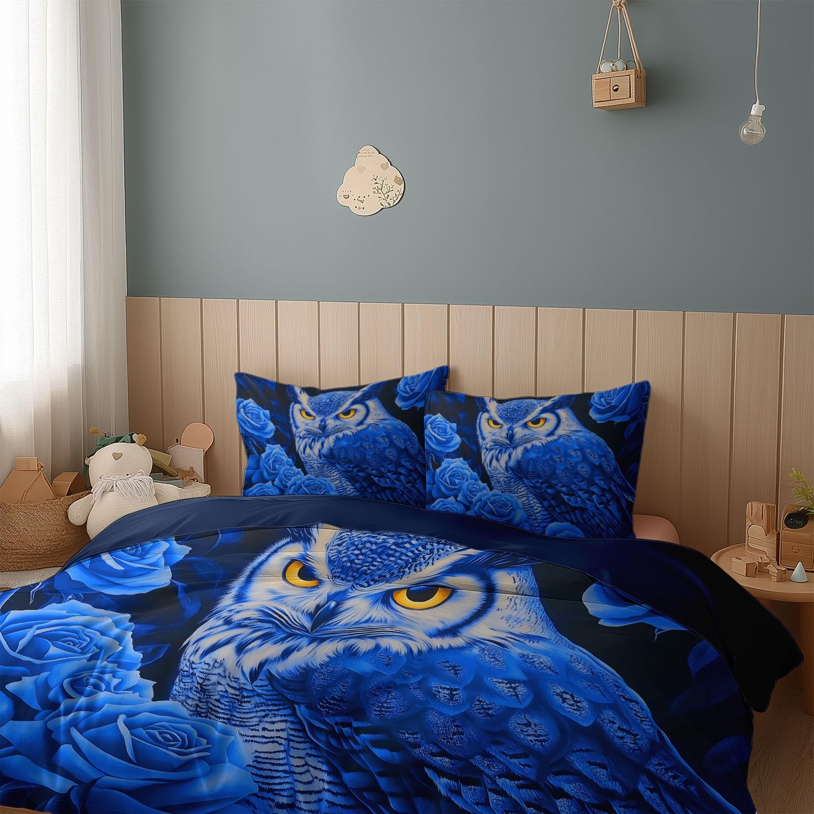Poszwa na kołdrę 260x240 cm fantastyczna sowa z zestawem pościeli z różami, głęboki niebieski poszwa na kołdrę 2 osoby oddychająca mikrofibra z zamkiem błyskawicznym 2 poszewki na poduszki