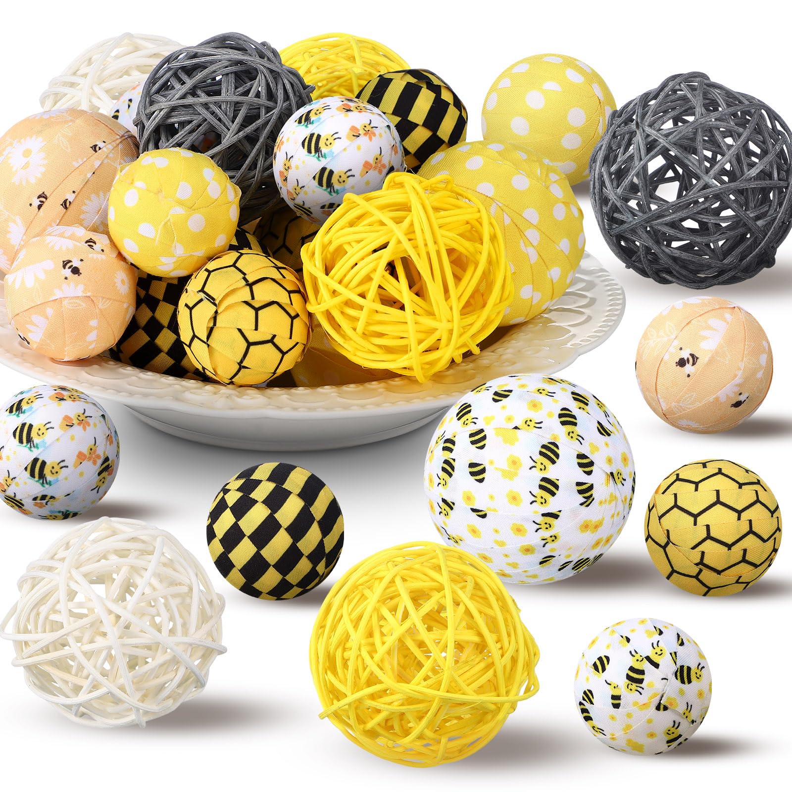 36 Pcs Decorative Fabric Balls for Centerpiece Bowls 2.4 Inch Wicker Rattan Balls 1.57 Inch Decor Spheres Decorative Fabric Balls for Vases Table Wedding Home Decor (Bee)
