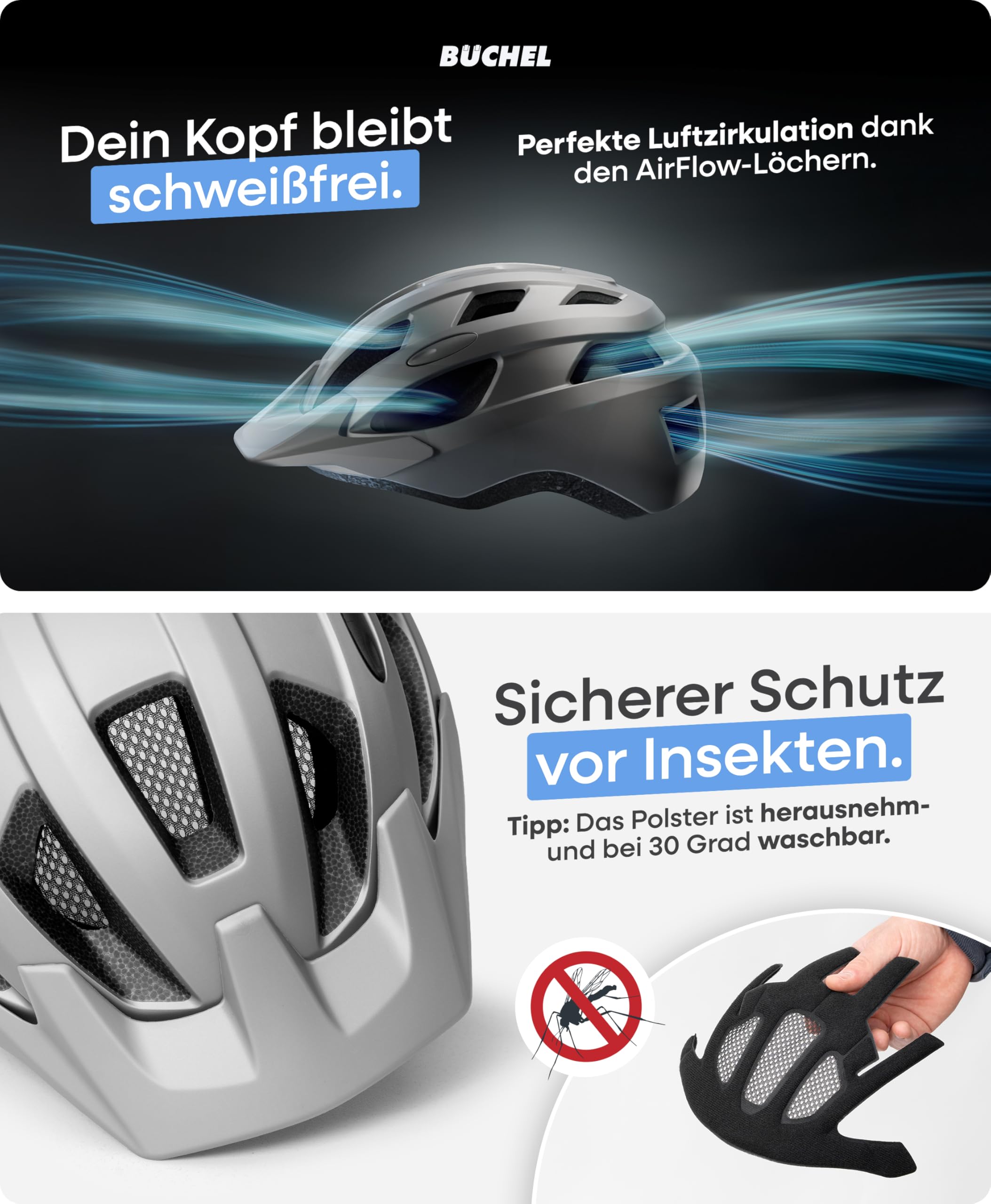 BÜCHEL Fahrradhelm mit In-Mould Technologie & Cam Lock - Helm für Kinder, Damen und Herren, mit Kinnpolsterung und waschbarem Fliegennetz - Fahrrad Helm 52–57cm & 58–61 cm | Schwarz, Weiß, Grau