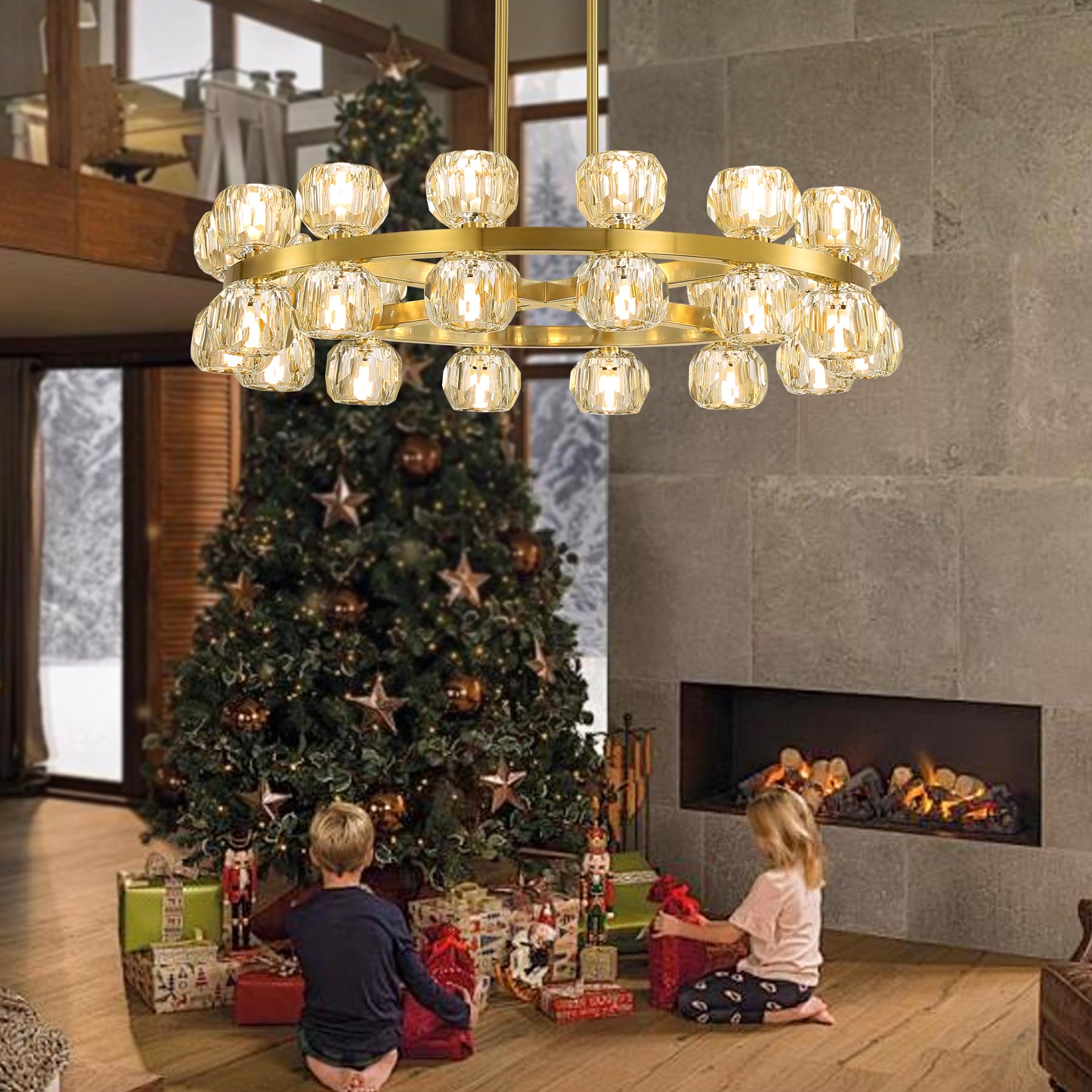 IDEQUY 32 Inch Gold Wagon Wheel Chandelier with Crystal
