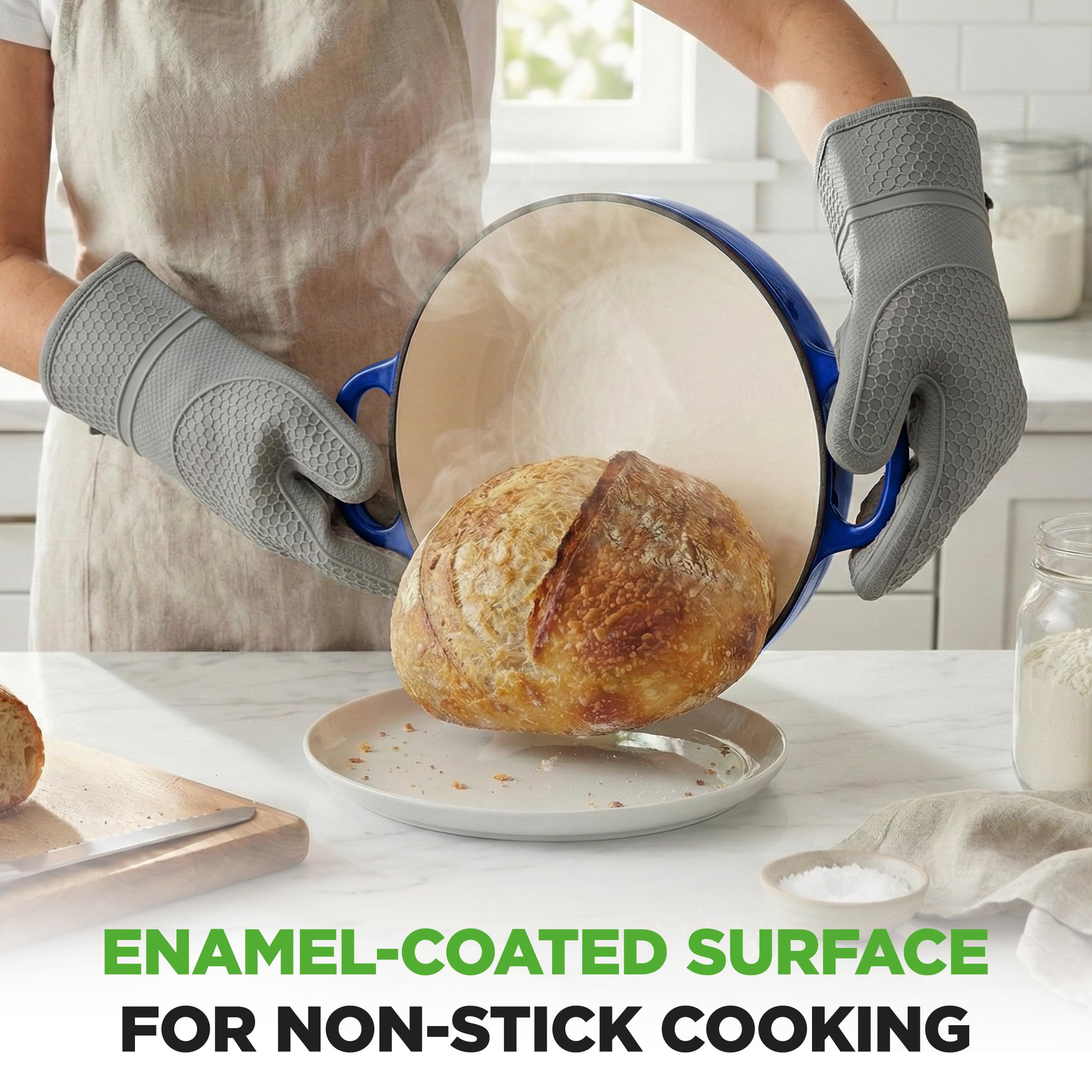NutriChef 10,2" Emaliowany Żeliwny Garnek do Pieczenia Chleba, Kopułowa Forma do Chleba na Zakwasie z Uchwytami i Silikonowymi Rękawicami, Odporna na Temperaturę do 260°C, Dutch Oven (Niebieska)