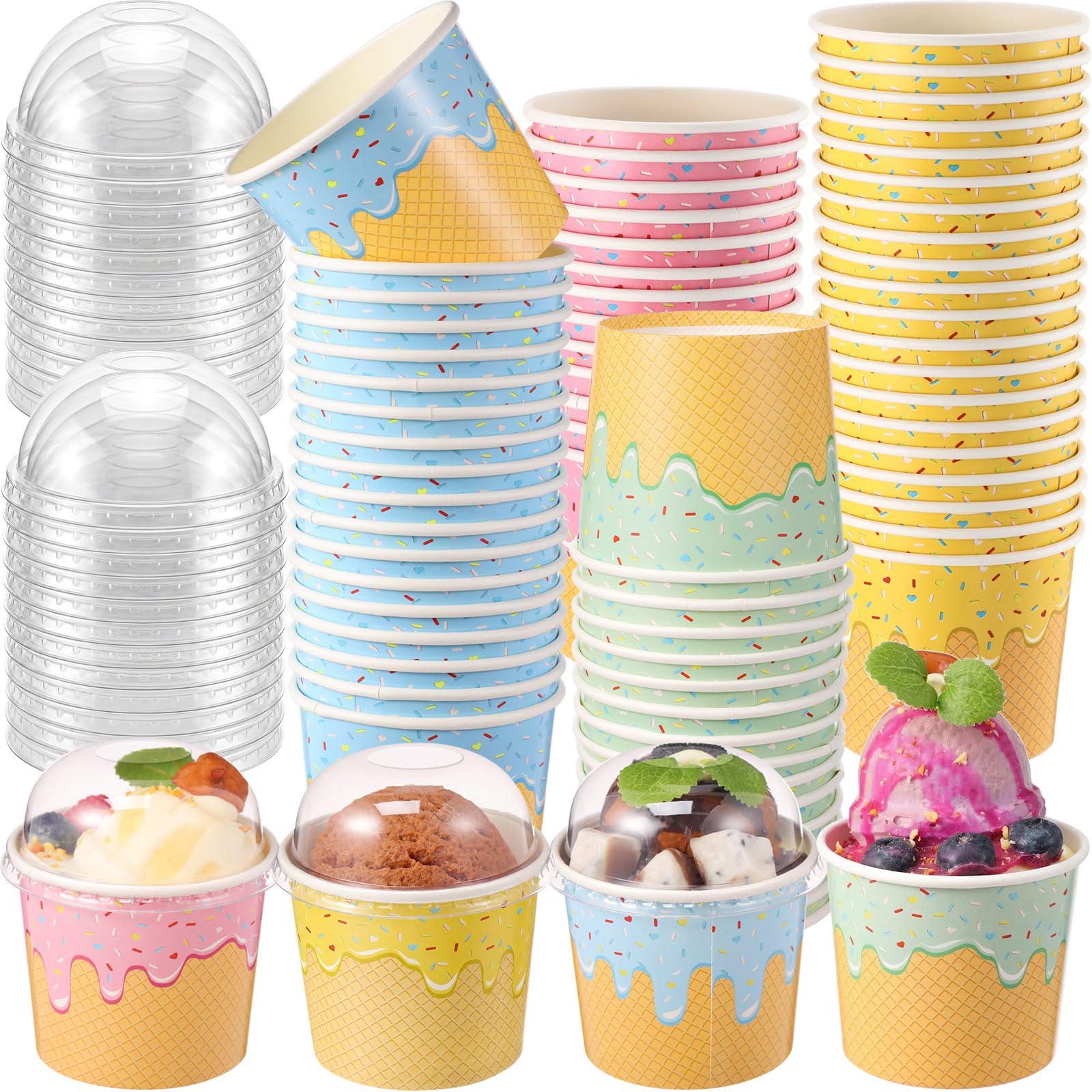 40 Count Paper Ice Cream Cups with Clear Dome Lids Disposable Dessert Cups Bulk Dessert Bowls Sundae Containers for Snack Yogurt Soup Birthday Ice Cream Party Supplies (4 oz)
