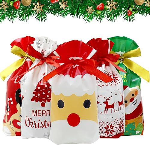Miniatura 1 de 50 bolsas de dulces de Navidad con cordón de Navidad, bolsas de golosinas para envolver regalos de Navidad, recuerdos de fiesta