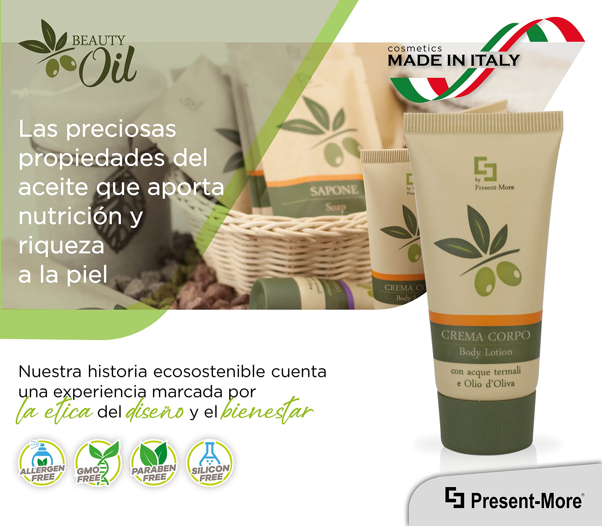 Present-More Crema corporal 30ml Beauty Oil - Crema cuerpo 150 unidades para Hoteles y B&B | Crema cuerpo sin alérgenos con fragancia Tahitian