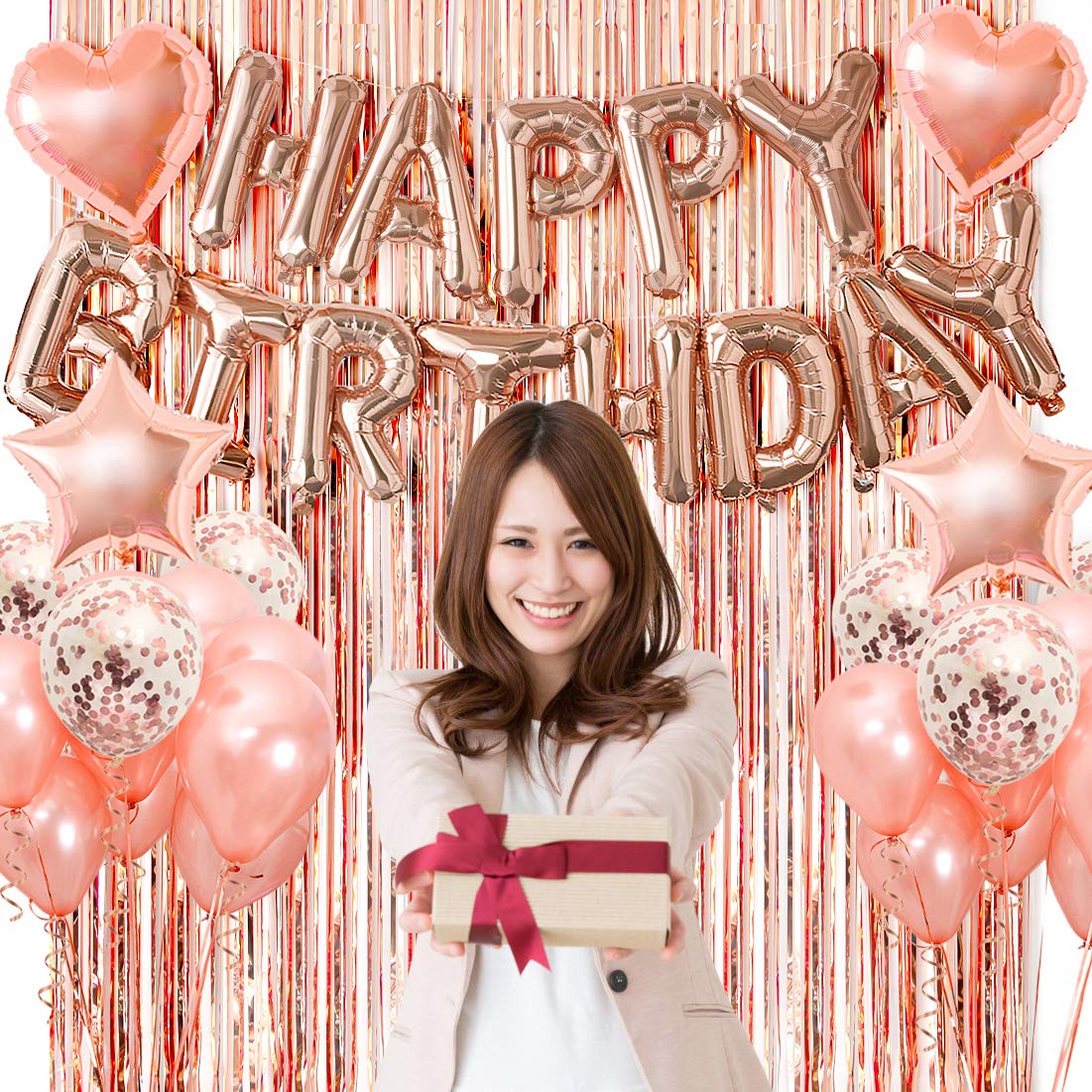 Rose Gold verjaardagsdecoratie voor meisjes met Confetti ballonnen, HAPPY BIRTHDAY Banner, Fringe gordijnen, Happy Birthday Party Supplies Set