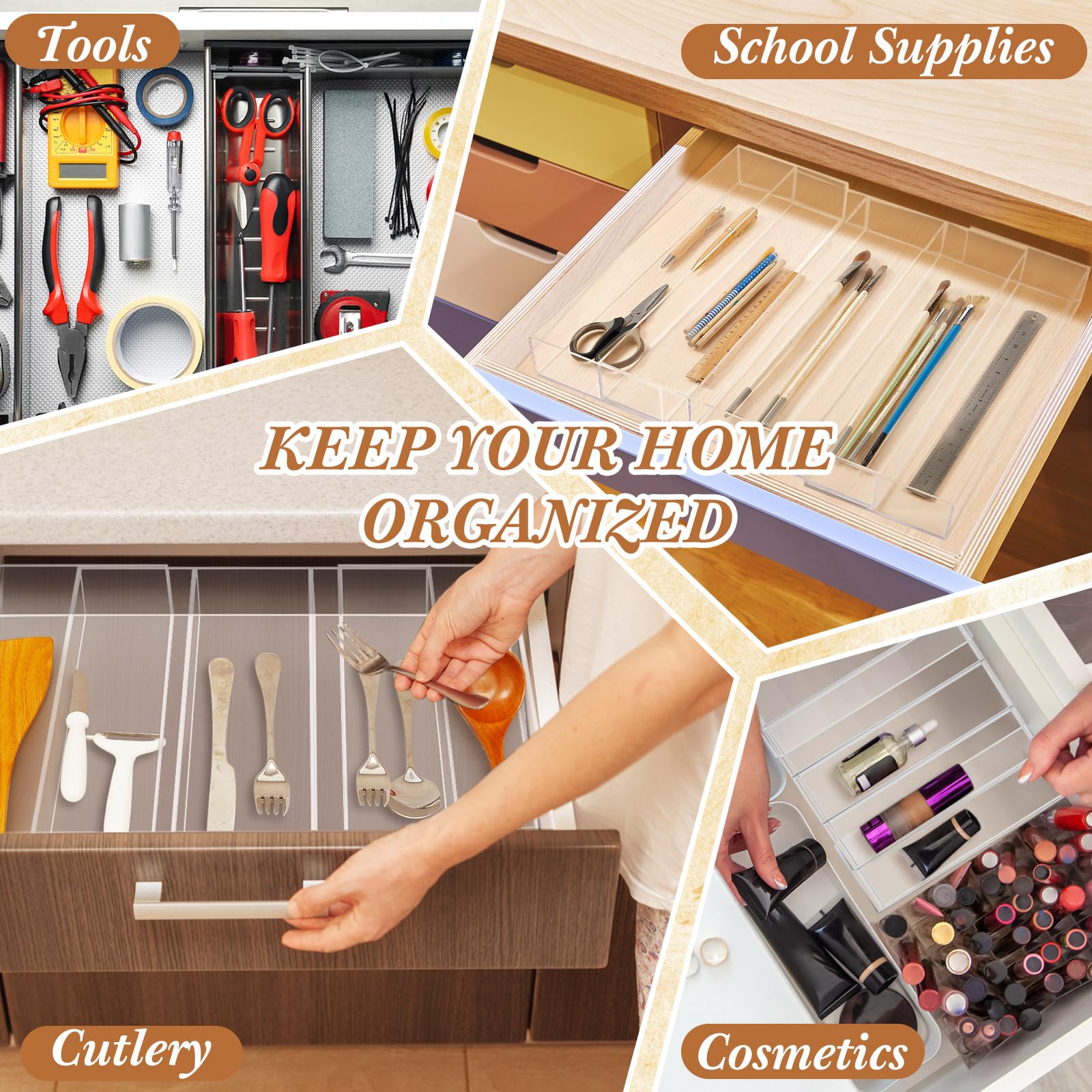 Organizador de cajones de cocina expandible, organizador de utensilios de acrílico transparente, almacenamiento de cubiertos de acrílico ajustable para cajones de cocina, cubiertos y 5
