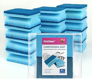 Kickleen 12 Count Compressed Grip Non-Scratch Cell-Scourers Sponges, 3-Layer Thick Kitchen Cleaning Sponge, Multifunctiona...