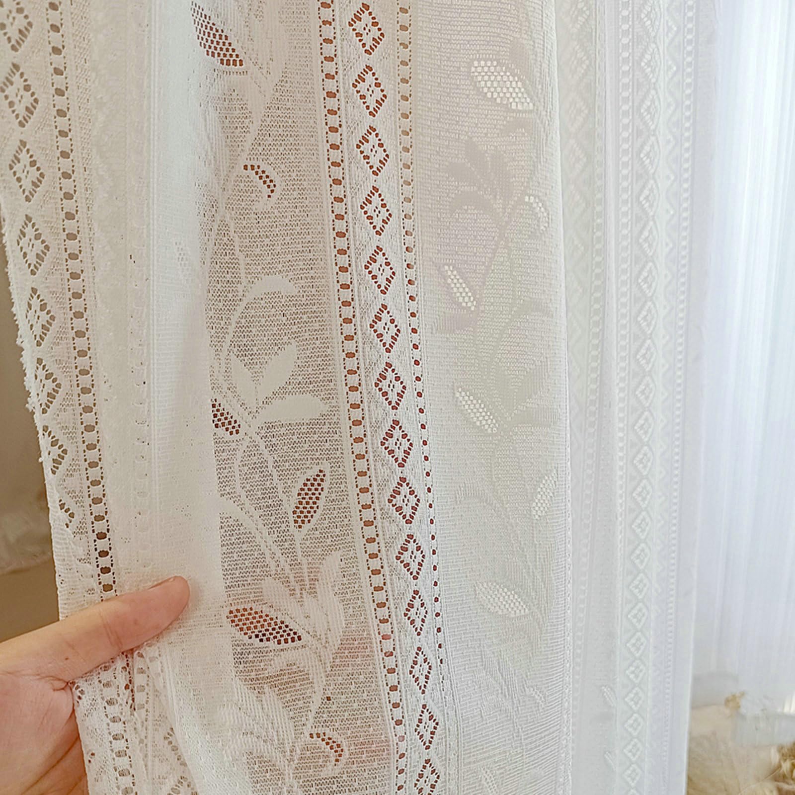 Tenda Camera Oscurante, Tende Bianche Finestra A Vetro 132X244CM Tende Finestra Pizzo Traforato Jacquard