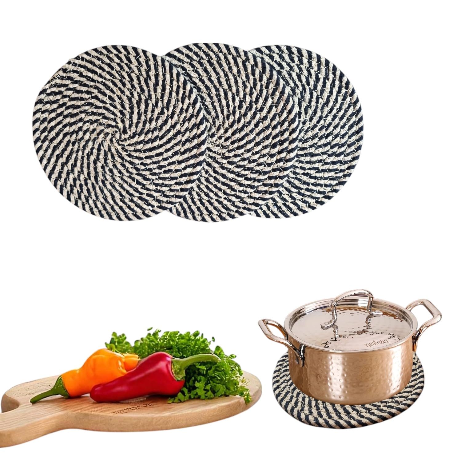 Black Jute Cotton Trivet Set of 3 for Dining Table, Centre Table, Side-Table, and Kitchen Countertop Platform Absorbent, Sturdy. Keep hot Pans, and pots, or planters.(Black, 18 cm)
