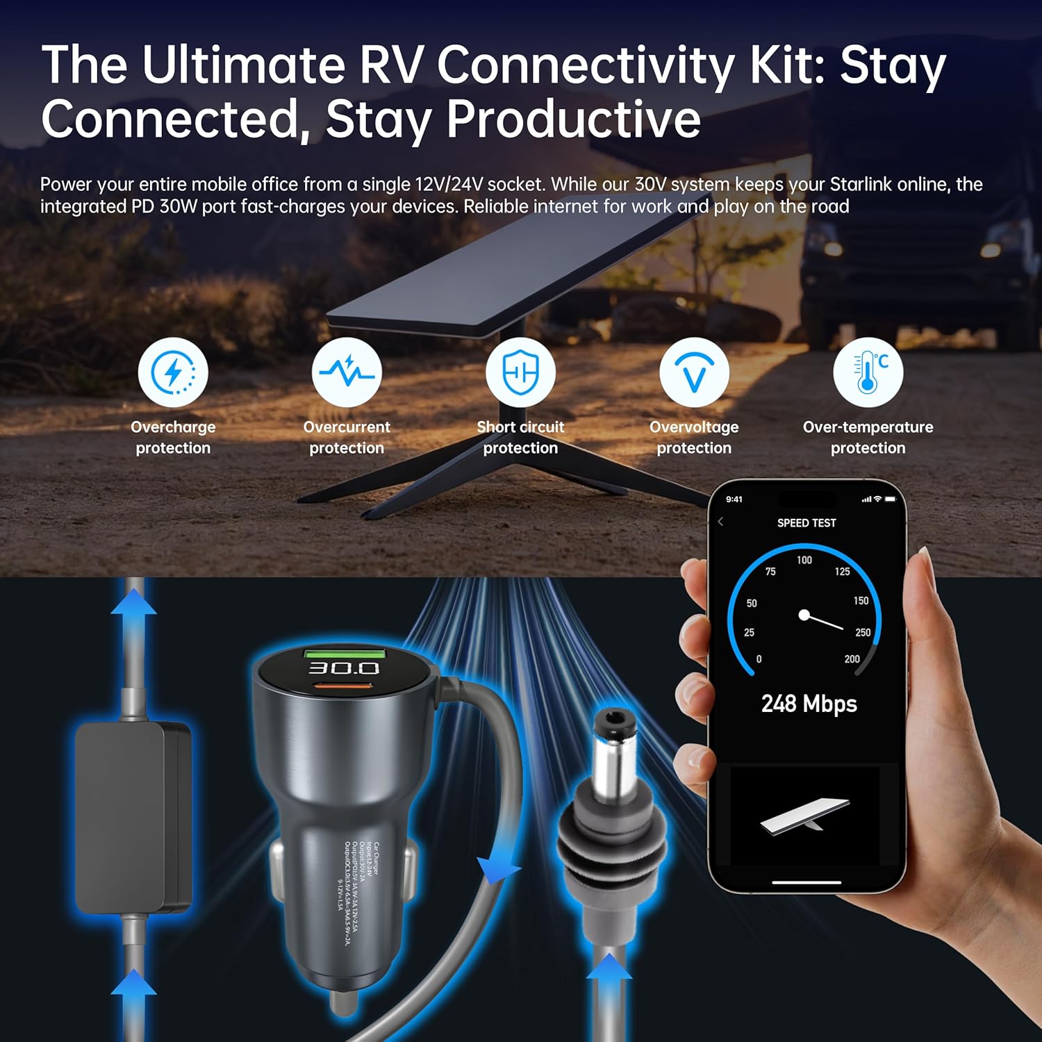 Starlink Mini Car Charger, Starlink Mini Car Adapter with Independent Boost Converter, 12V/24V to 30V Step-up 3-in-1 DC Power Cable, 90W 10ft 18AWG Cord, Digital Display for RV, Truck, Boat