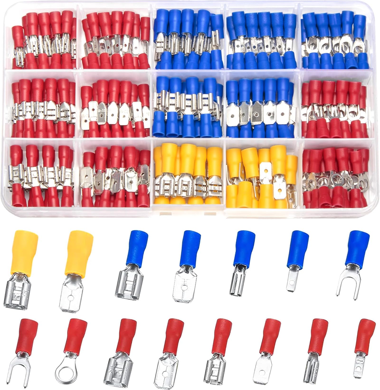 Vwoqiy 280 Pcs Electrical Connectors Assorted, Insulated Crimps Terminals Connectors Kit, Spade Bullet Butt Fork Ring Wire Connectors, Male/Female Insulated Terminals (three-colour 280)